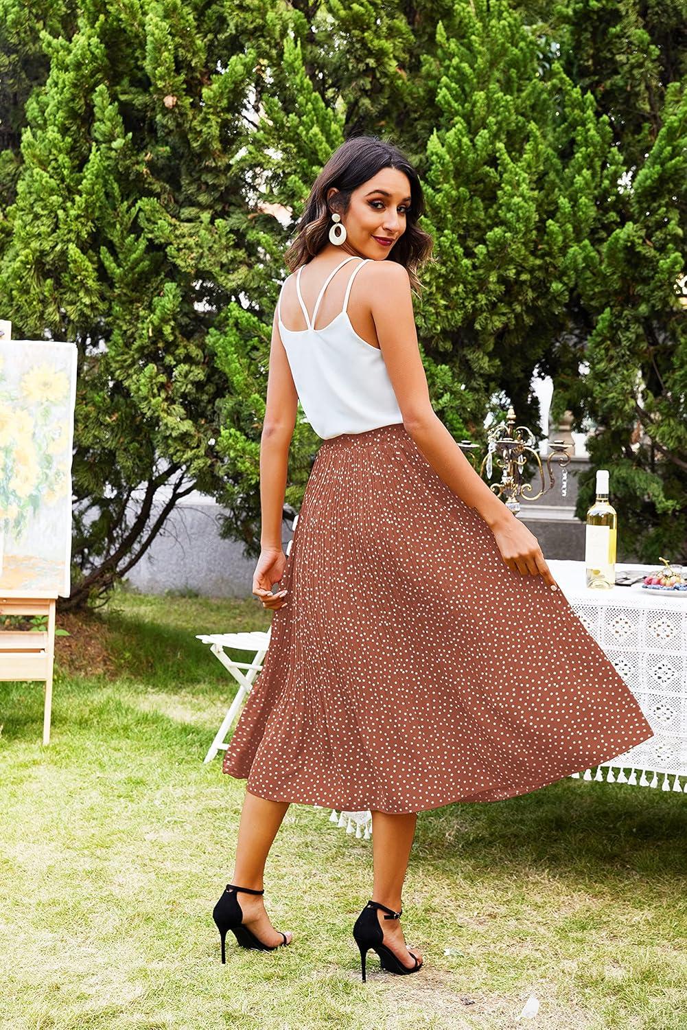 imageZeagoo Womens Midi Skirts High Waisted Pleated ALine Swing Skirts Summer Floral Long Skirts with PocketsCoffee