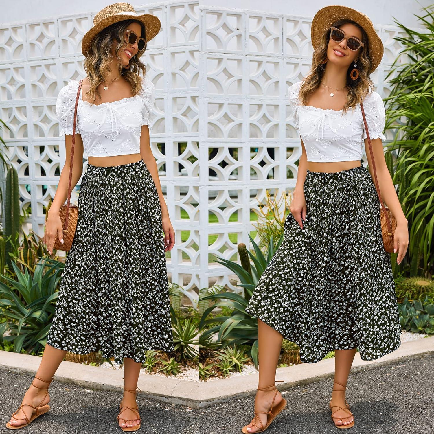 imageZeagoo Womens Midi Skirts High Waisted Pleated ALine Swing Skirts Summer Floral Long Skirts with PocketsFloralblack