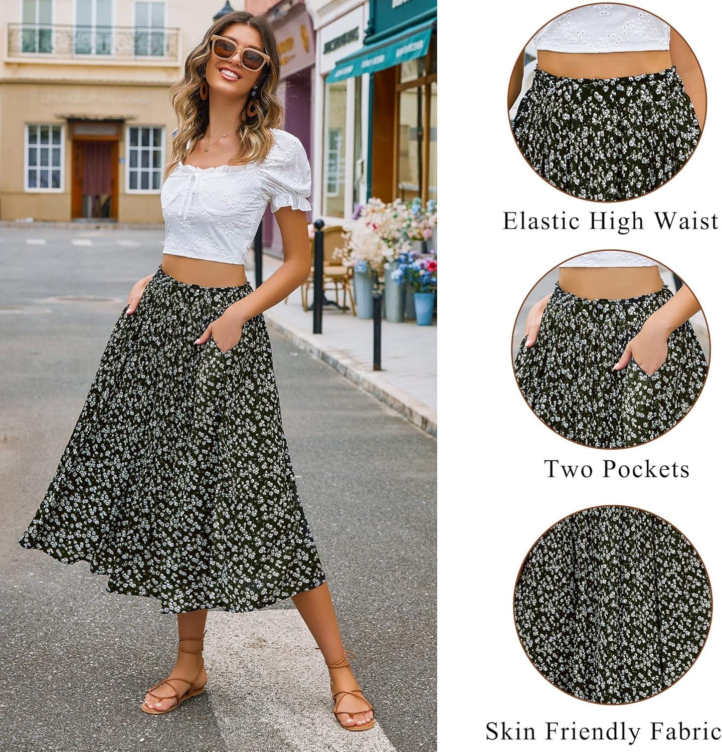 imageZeagoo Womens Midi Skirts High Waisted Pleated ALine Swing Skirts Summer Floral Long Skirts with PocketsFloralblack