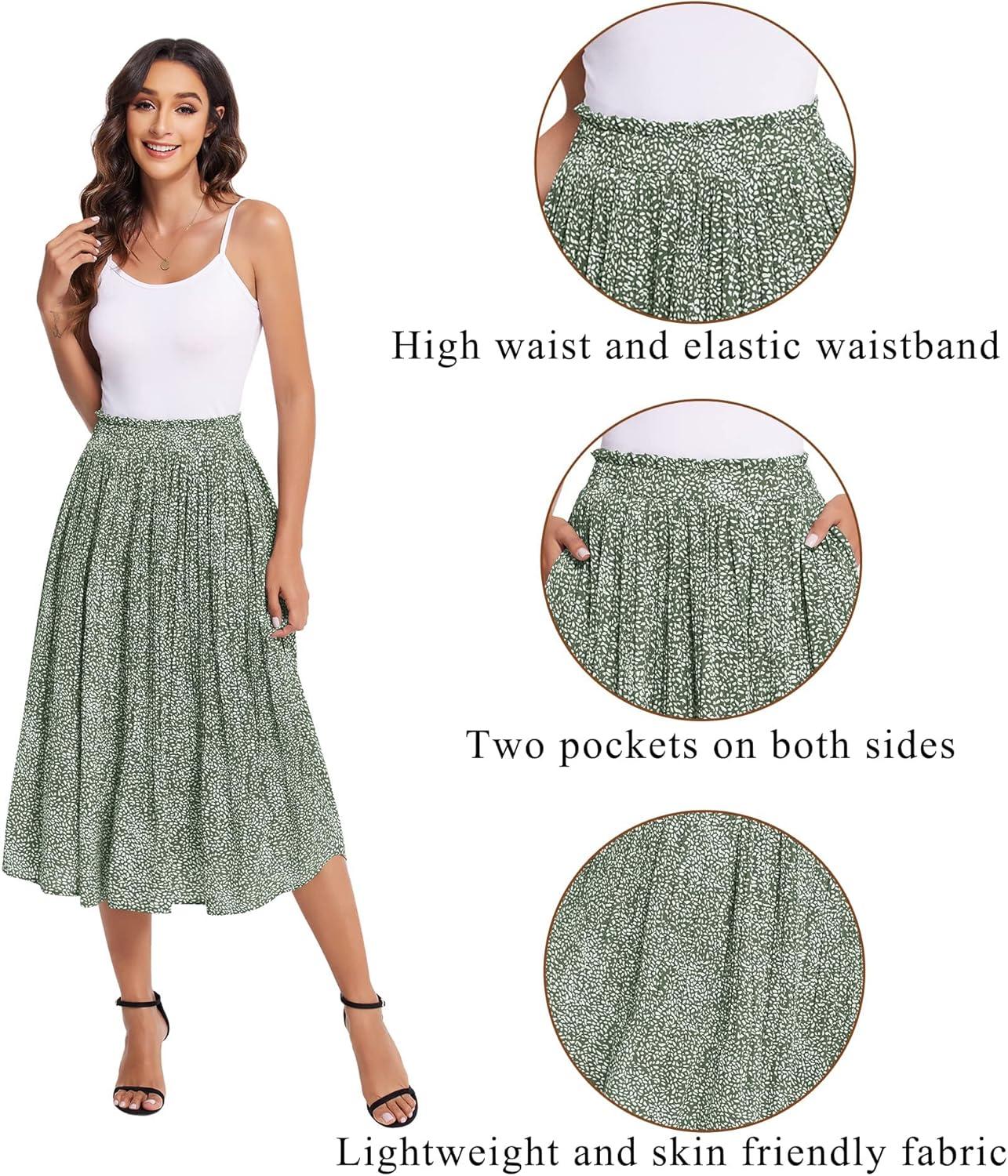 imageZeagoo Womens Midi Skirts High Waisted Pleated ALine Swing Skirts Summer Floral Long Skirts with PocketsGreen Floral