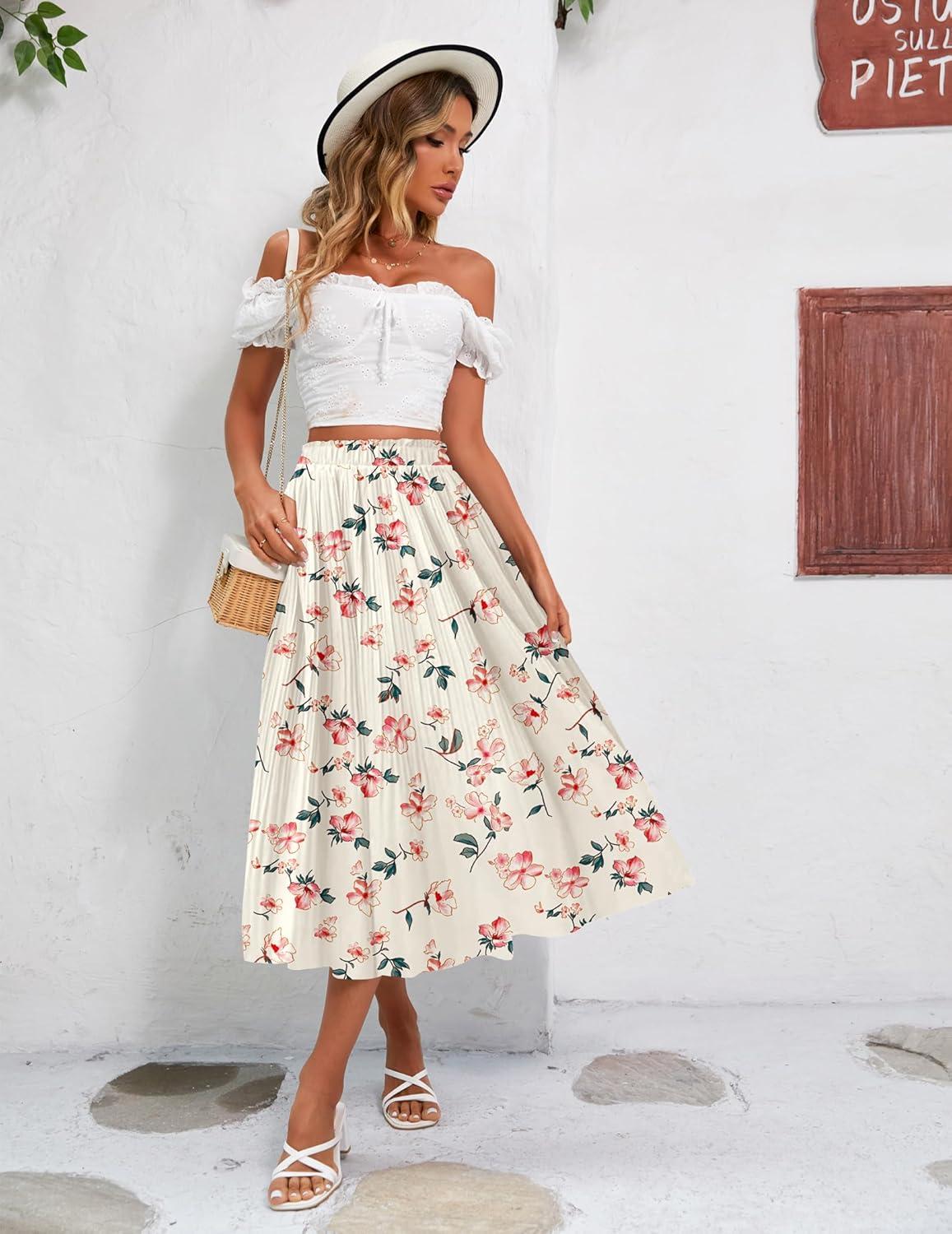 imageZeagoo Womens Midi Skirts High Waisted Pleated ALine Swing Skirts Summer Floral Long Skirts with PocketsPink Floral Apricot Print
