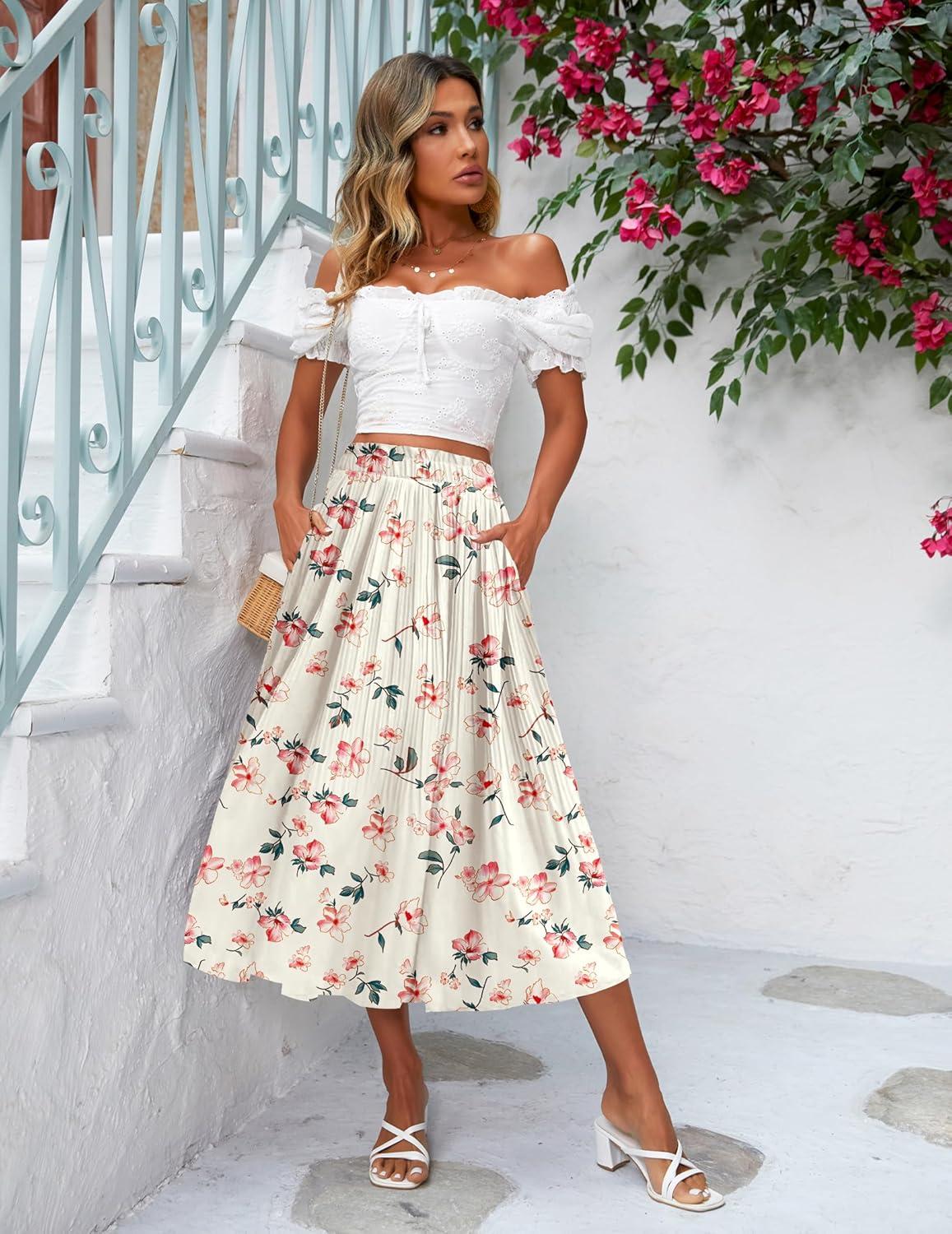 imageZeagoo Womens Midi Skirts High Waisted Pleated ALine Swing Skirts Summer Floral Long Skirts with PocketsPink Floral Apricot Print