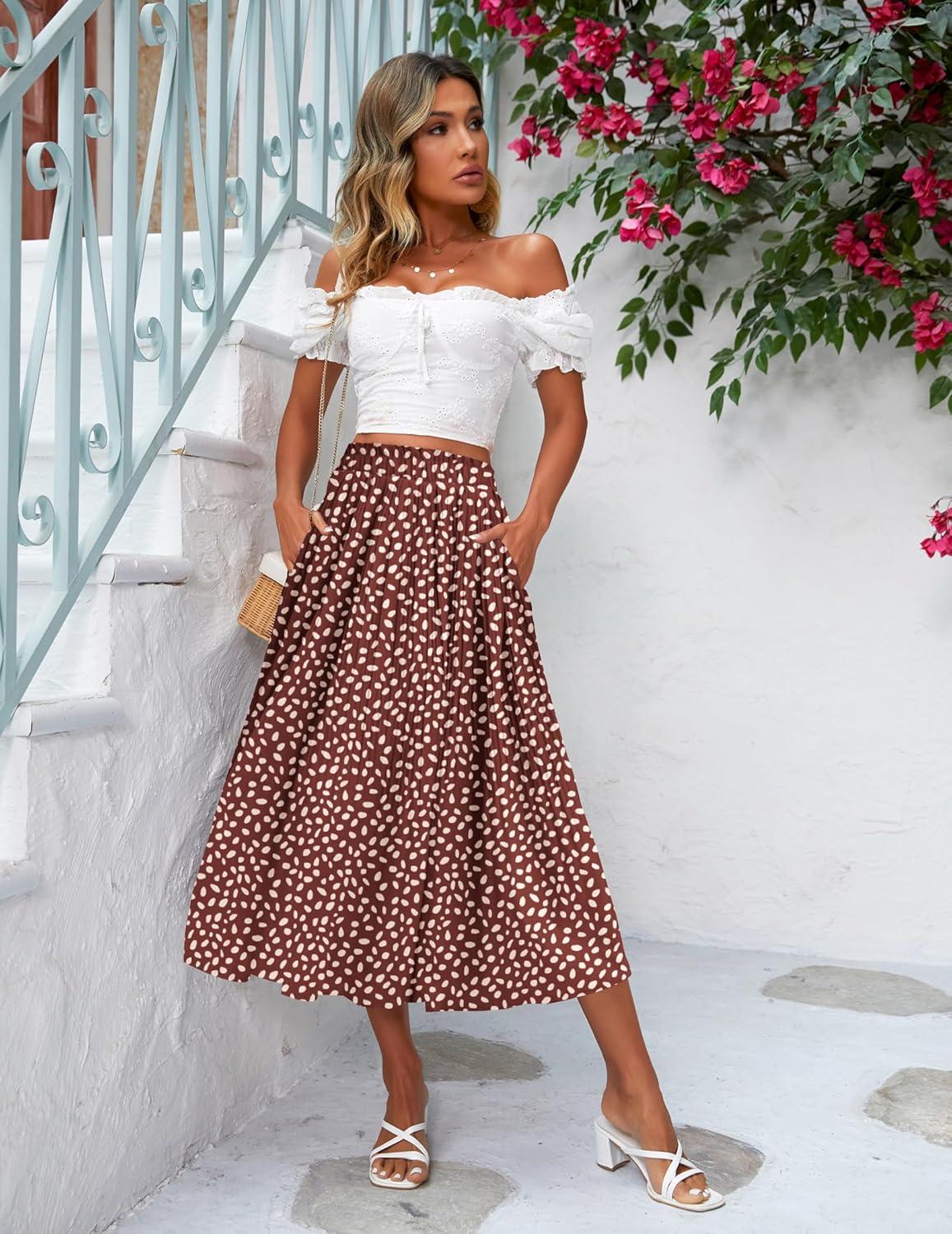 imageZeagoo Womens Midi Skirts High Waisted Pleated ALine Swing Skirts Summer Floral Long Skirts with PocketsRed Polka Dots