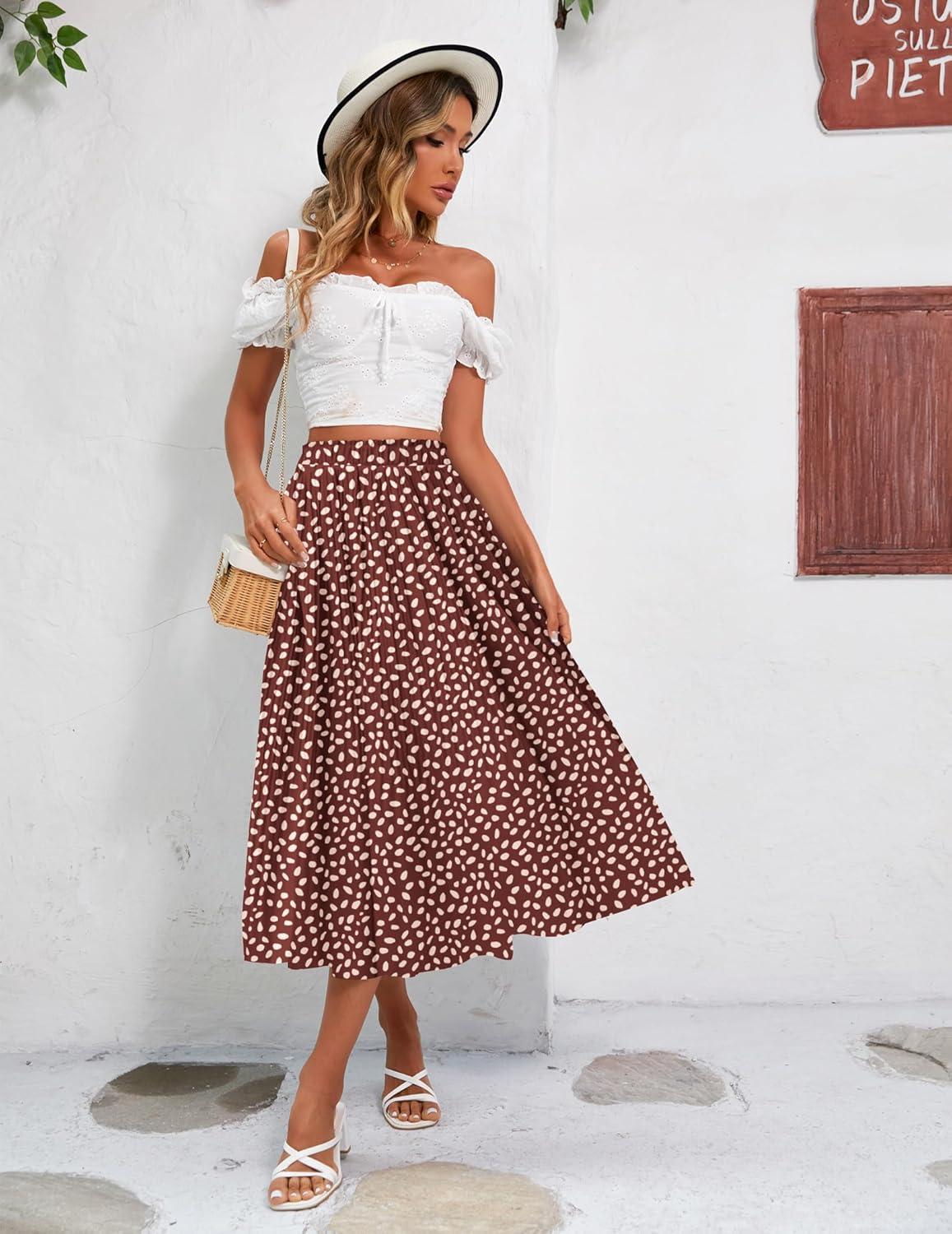 imageZeagoo Womens Midi Skirts High Waisted Pleated ALine Swing Skirts Summer Floral Long Skirts with PocketsRed Polka Dots