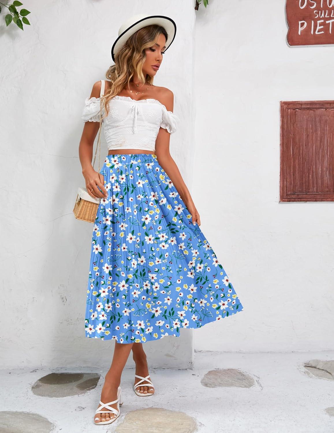 imageZeagoo Womens Midi Skirts High Waisted Pleated ALine Swing Skirts Summer Floral Long Skirts with PocketsWhite Flower Blue Print
