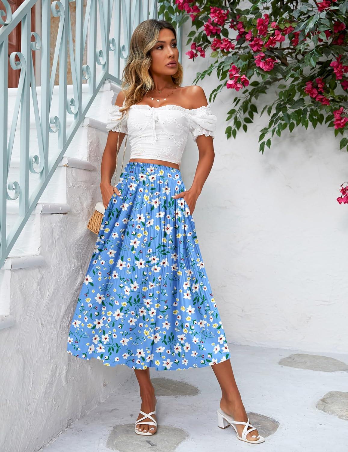 imageZeagoo Womens Midi Skirts High Waisted Pleated ALine Swing Skirts Summer Floral Long Skirts with PocketsWhite Flower Blue Print