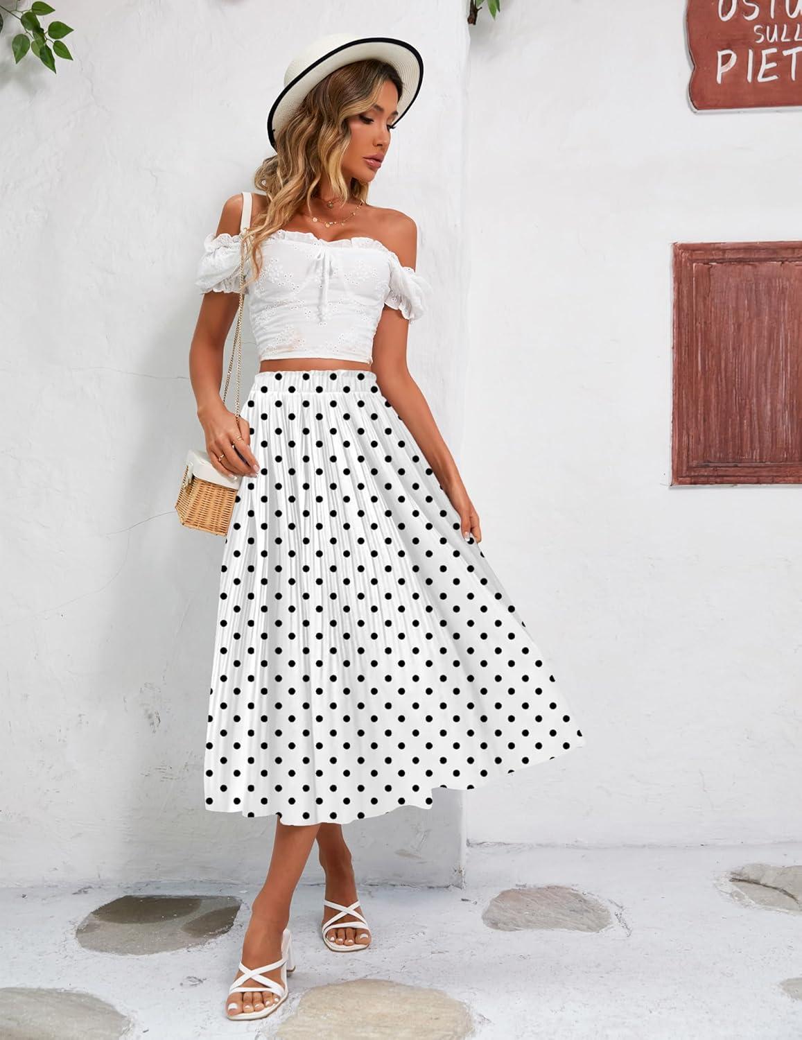 imageZeagoo Womens Midi Skirts High Waisted Pleated ALine Swing Skirts Summer Floral Long Skirts with PocketsWhite Polka Dot