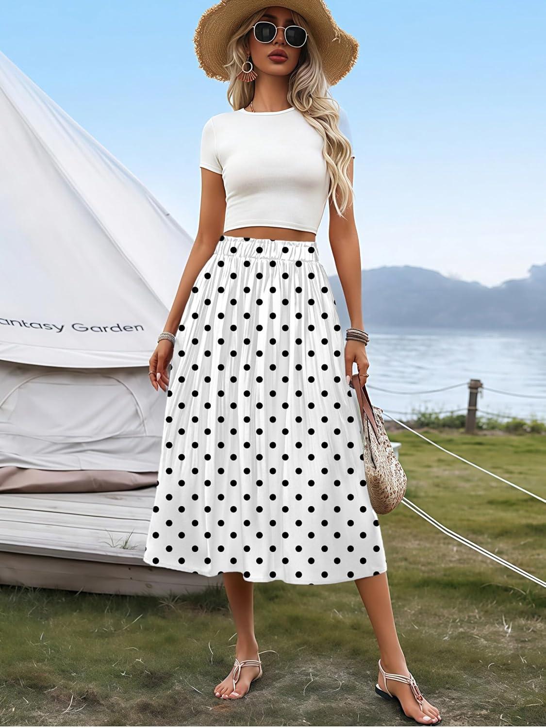 imageZeagoo Womens Midi Skirts High Waisted Pleated ALine Swing Skirts Summer Floral Long Skirts with PocketsWhite Polka Dot