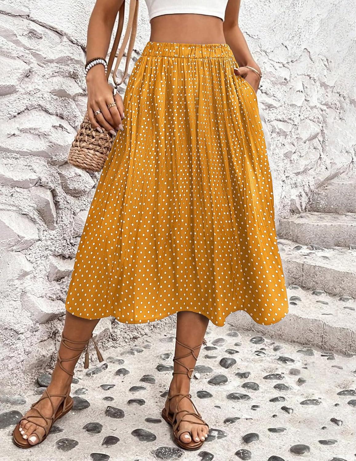 imageZeagoo Womens Midi Skirts High Waisted Pleated ALine Swing Skirts Summer Floral Long Skirts with PocketsYellow Floral