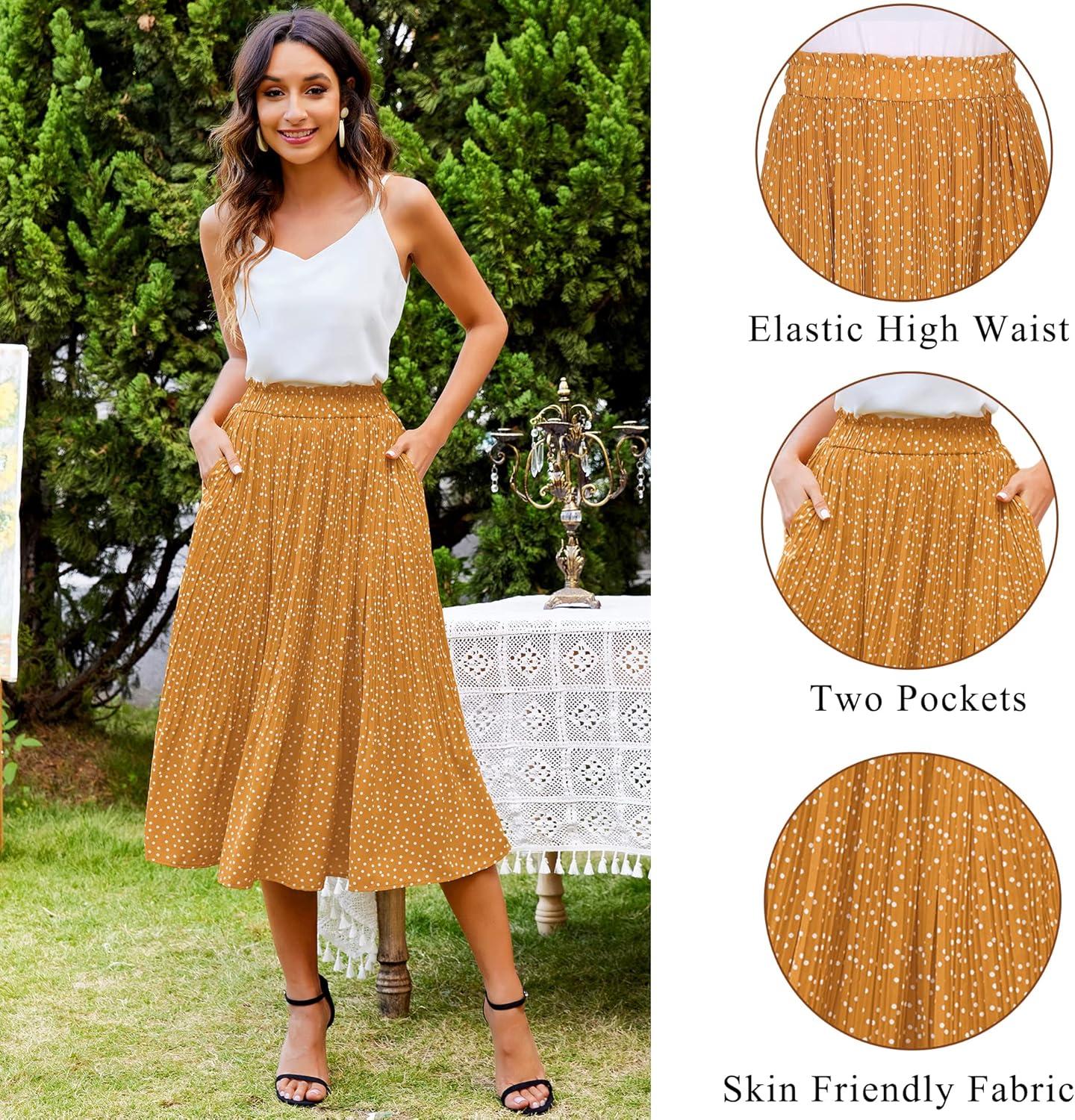 imageZeagoo Womens Midi Skirts High Waisted Pleated ALine Swing Skirts Summer Floral Long Skirts with PocketsYellow Floral