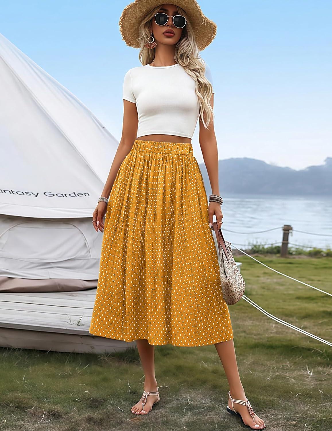 imageZeagoo Womens Midi Skirts High Waisted Pleated ALine Swing Skirts Summer Floral Long Skirts with PocketsYellow Floral