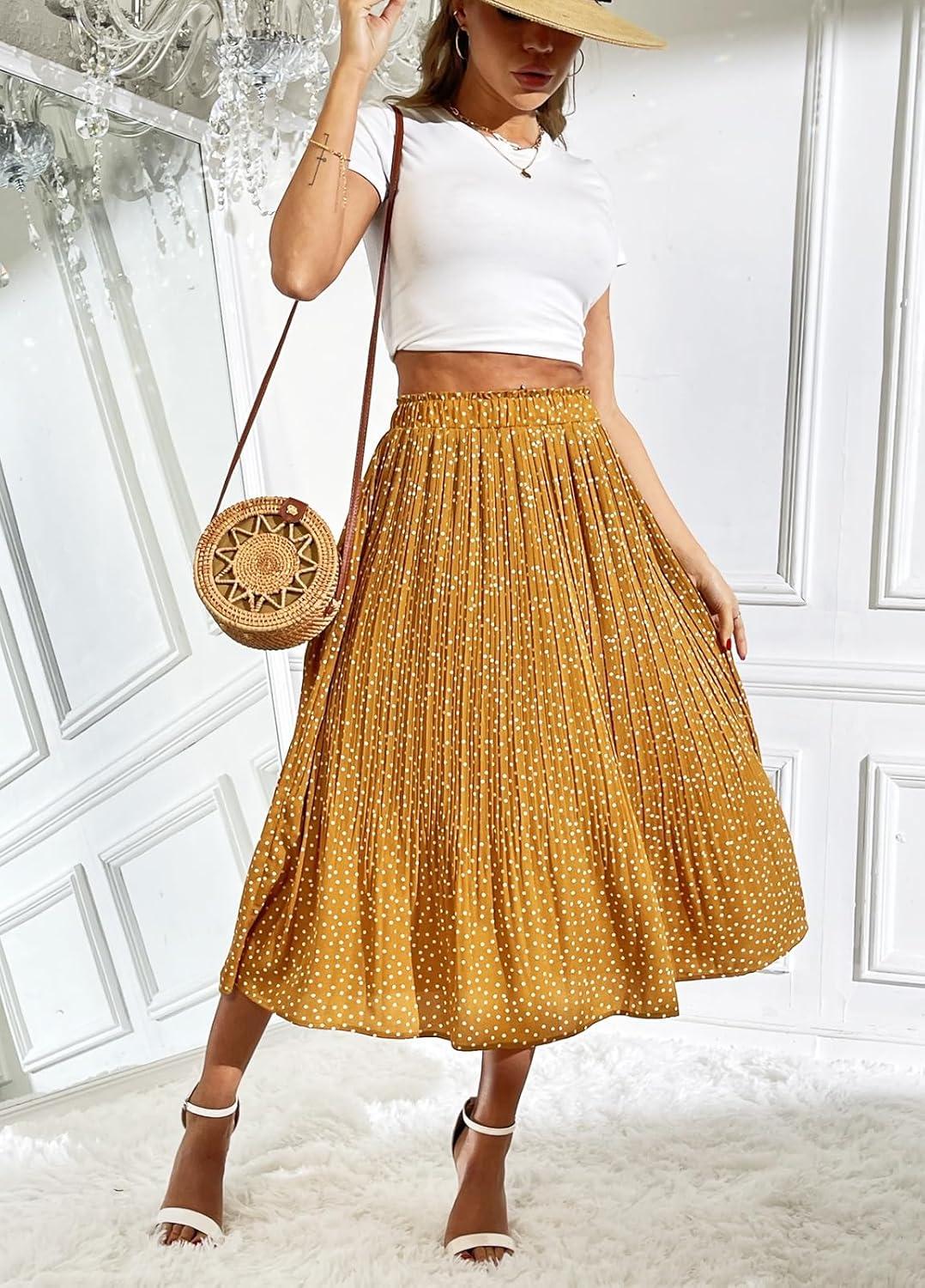 imageZeagoo Womens Midi Skirts High Waisted Pleated ALine Swing Skirts Summer Floral Long Skirts with PocketsYellow Floral