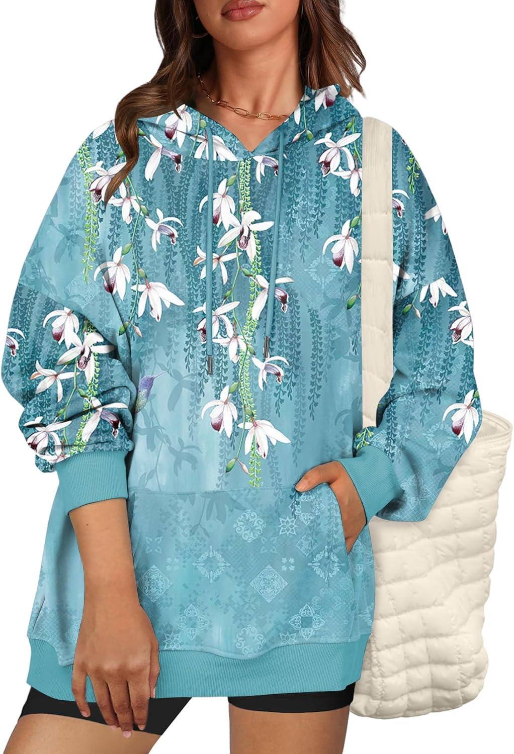 imageZeagoo Womens Oversized Hoodies 2025 Fleece Sweatshirts Long Sleeve Pullover with Pocket Fall Winter Outfits ClothesBlue Floral