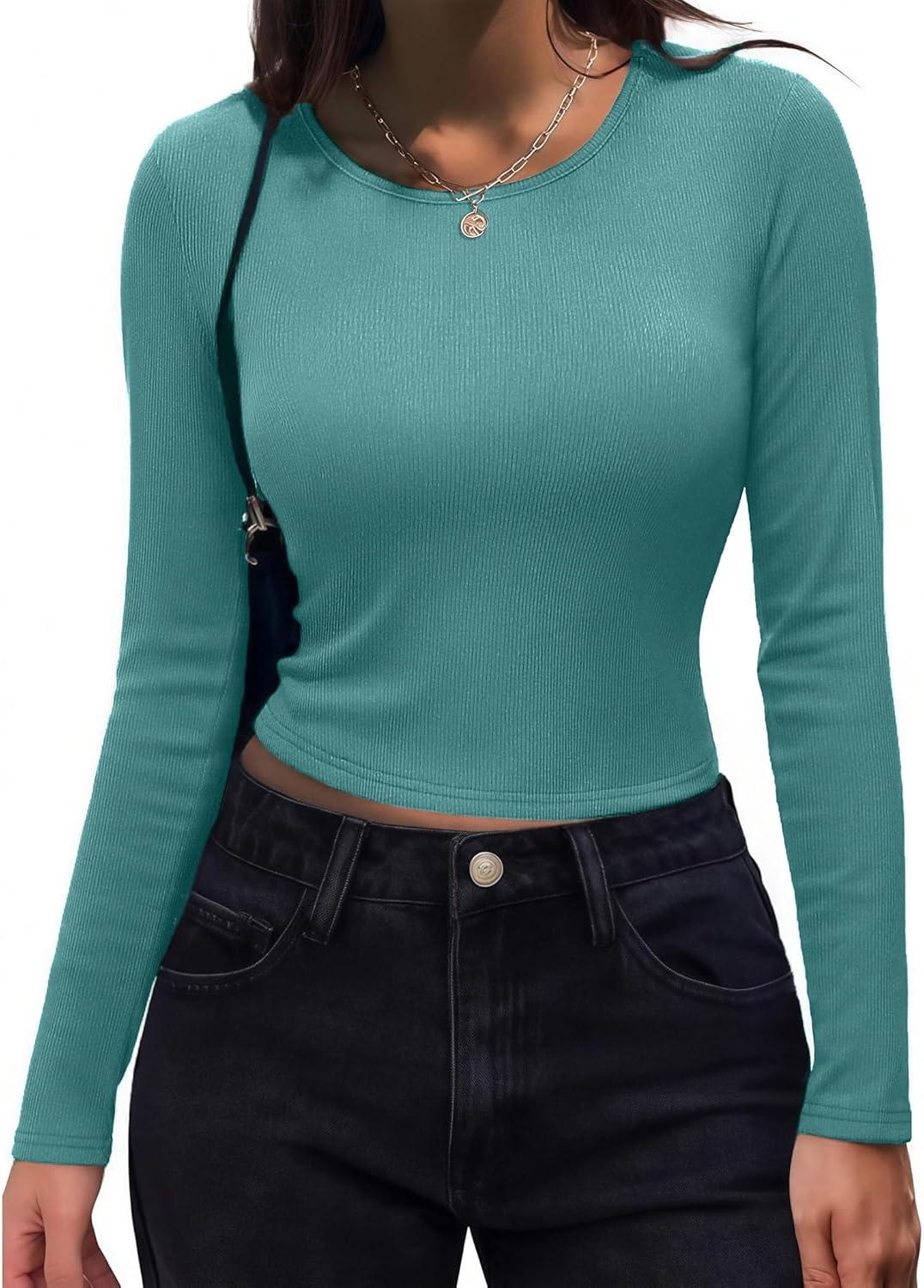 imageZeagoo Womens Ribbed Fitted Crop Tops Long Sleeve T Shirts Basic Scoop Neck Casual Slim Fitted Y2k Clothes 2025Black haze Blue