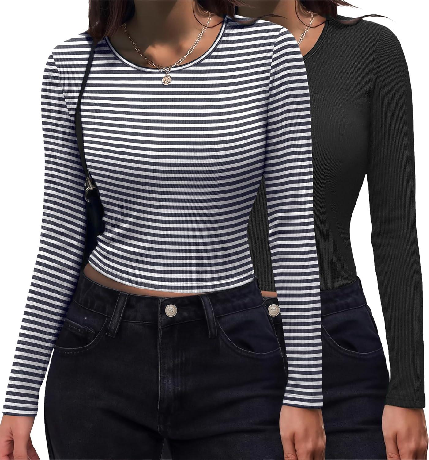 imageZeagoo Womens Ribbed Fitted Crop Tops Long Sleeve T Shirts Basic Scoop Neck Casual Slim Fitted Y2k Clothes 2025White Brown Stripe
