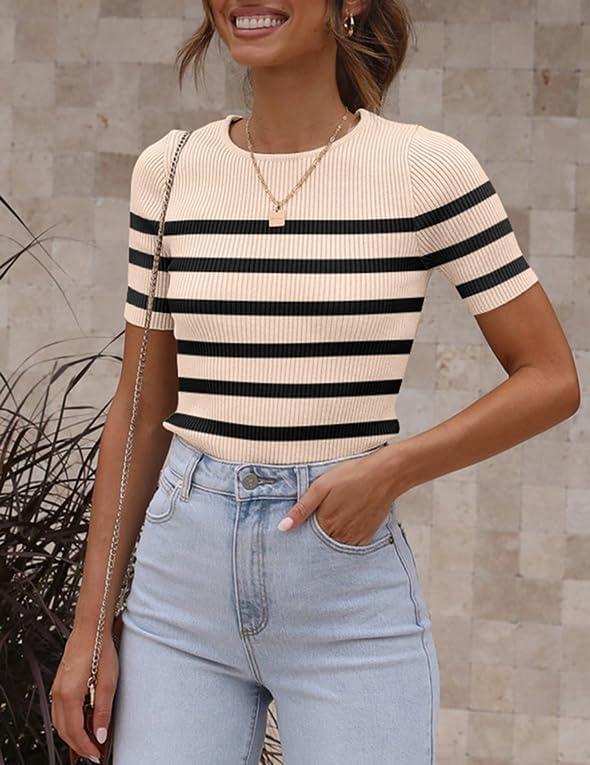 imageZeagoo Womens Short Sleeve Basic Slim Fit Tops Crewneck Ribbed Knit T Shirt Cute Summer Outfits