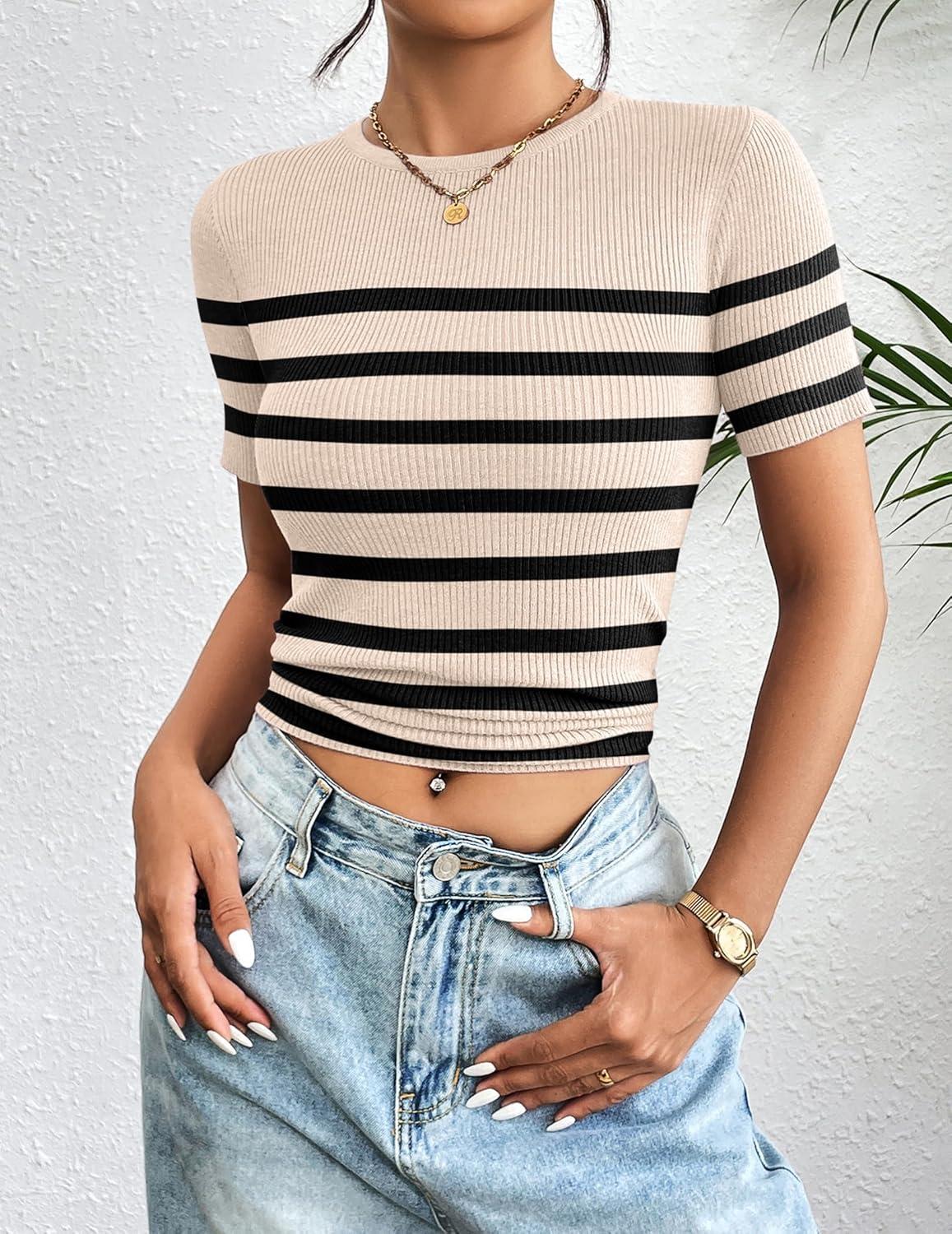 imageZeagoo Womens Short Sleeve Basic Slim Fit Tops Crewneck Ribbed Knit T Shirt Cute Summer Outfits