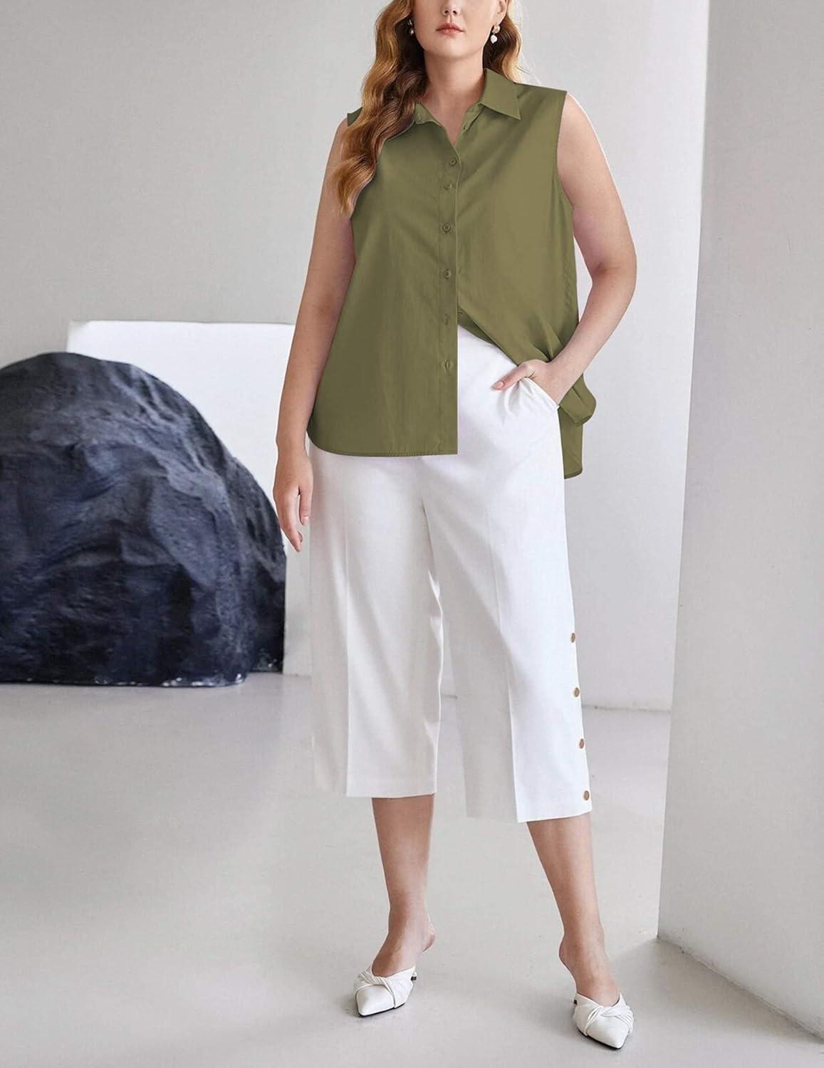 imageZeagoo Womens Sleeveless Button Down Shirts Blouses Solid Casual Basic V Neck Tank Tops for Work SXXLArmy Green