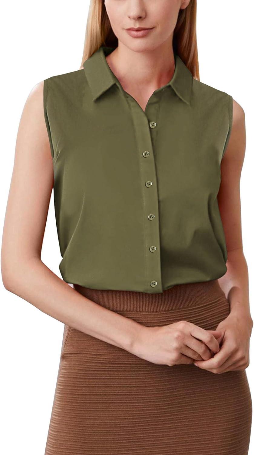imageZeagoo Womens Sleeveless Button Down Shirts Blouses Solid Casual Basic V Neck Tank Tops for Work SXXLArmy Green