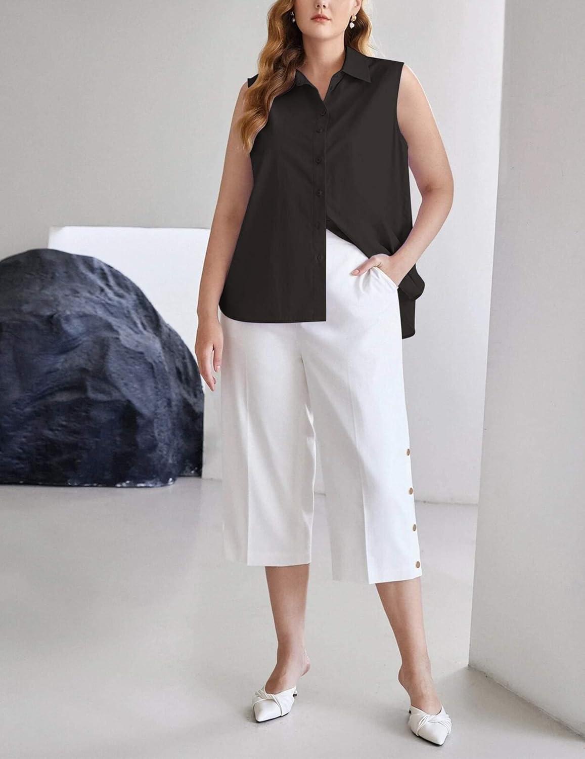 imageZeagoo Womens Sleeveless Button Down Shirts Blouses Solid Casual Basic V Neck Tank Tops for Work SXXLBlack