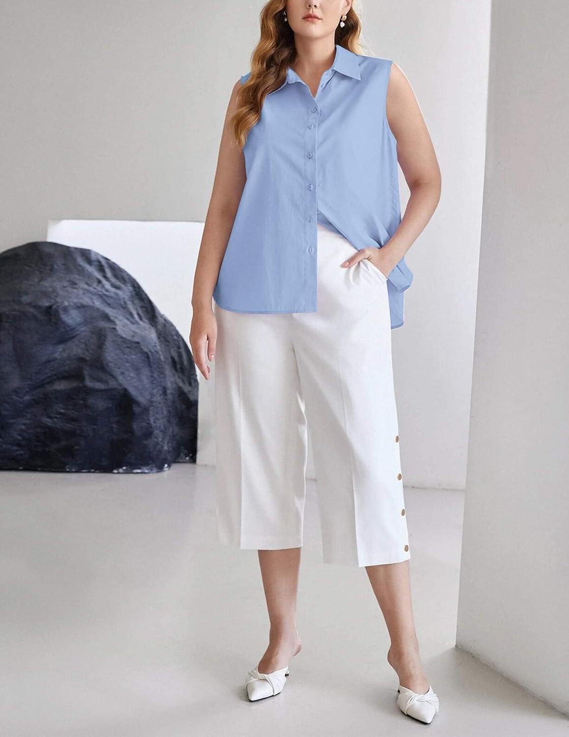 imageZeagoo Womens Sleeveless Button Down Shirts Blouses Solid Casual Basic V Neck Tank Tops for Work SXXLLight Blue