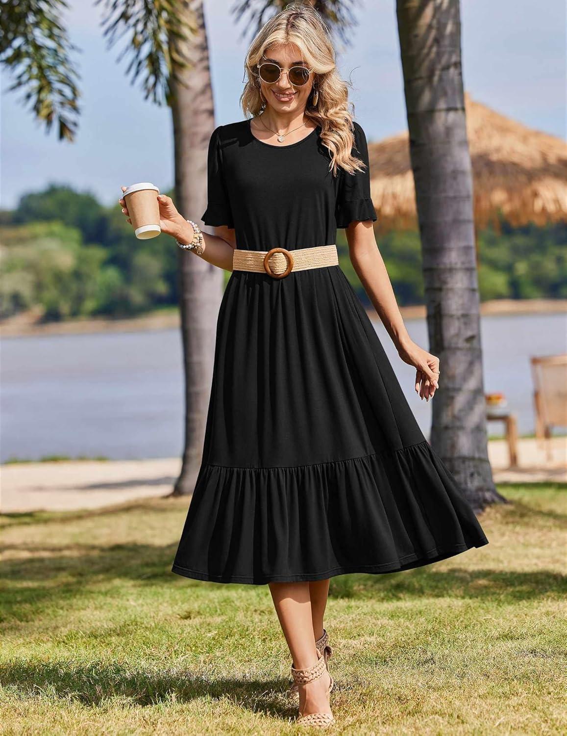 imageZeagoo Womens Summer Dresses 2026 Casual Midi Dress Flowy Sundress Ruffle Short Sleeve Tiered Dresses A Line Boho DressAblack