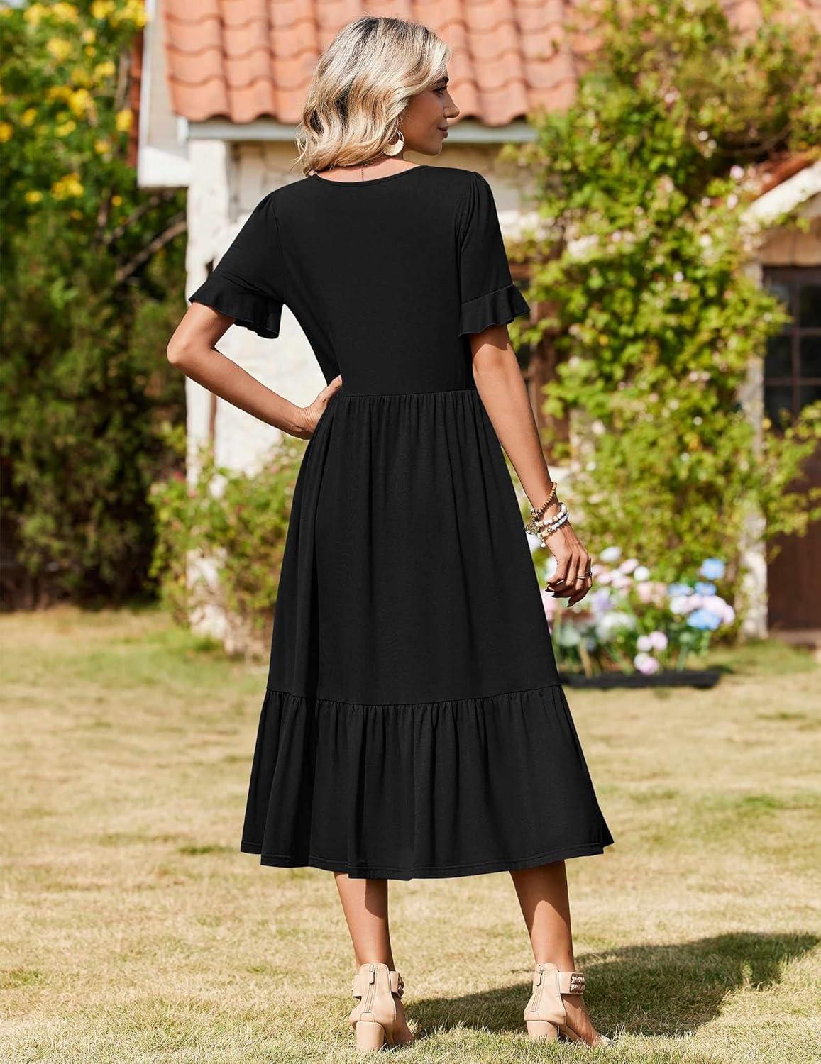 imageZeagoo Womens Summer Dresses 2026 Casual Midi Dress Flowy Sundress Ruffle Short Sleeve Tiered Dresses A Line Boho DressAblack