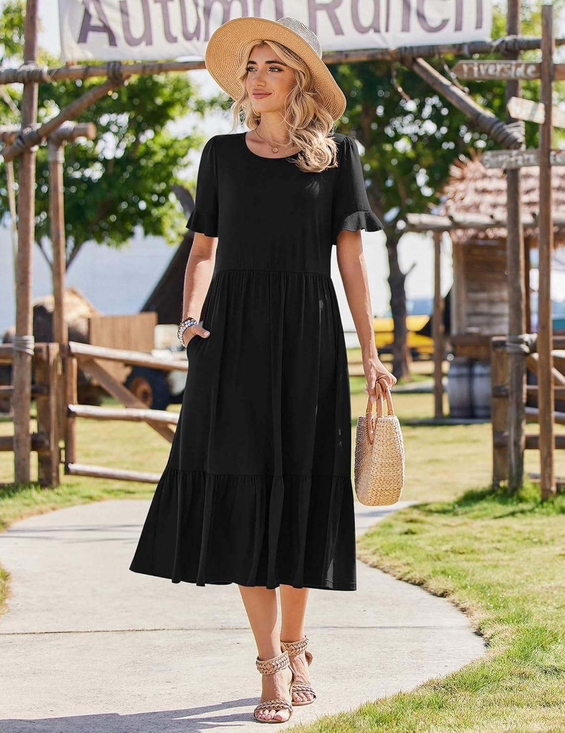 imageZeagoo Womens Summer Dresses 2026 Casual Midi Dress Flowy Sundress Ruffle Short Sleeve Tiered Dresses A Line Boho DressAblack