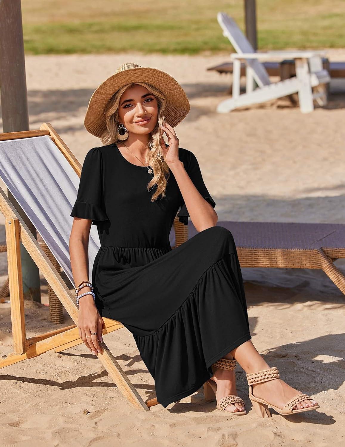 imageZeagoo Womens Summer Dresses 2026 Casual Midi Dress Flowy Sundress Ruffle Short Sleeve Tiered Dresses A Line Boho DressAblack