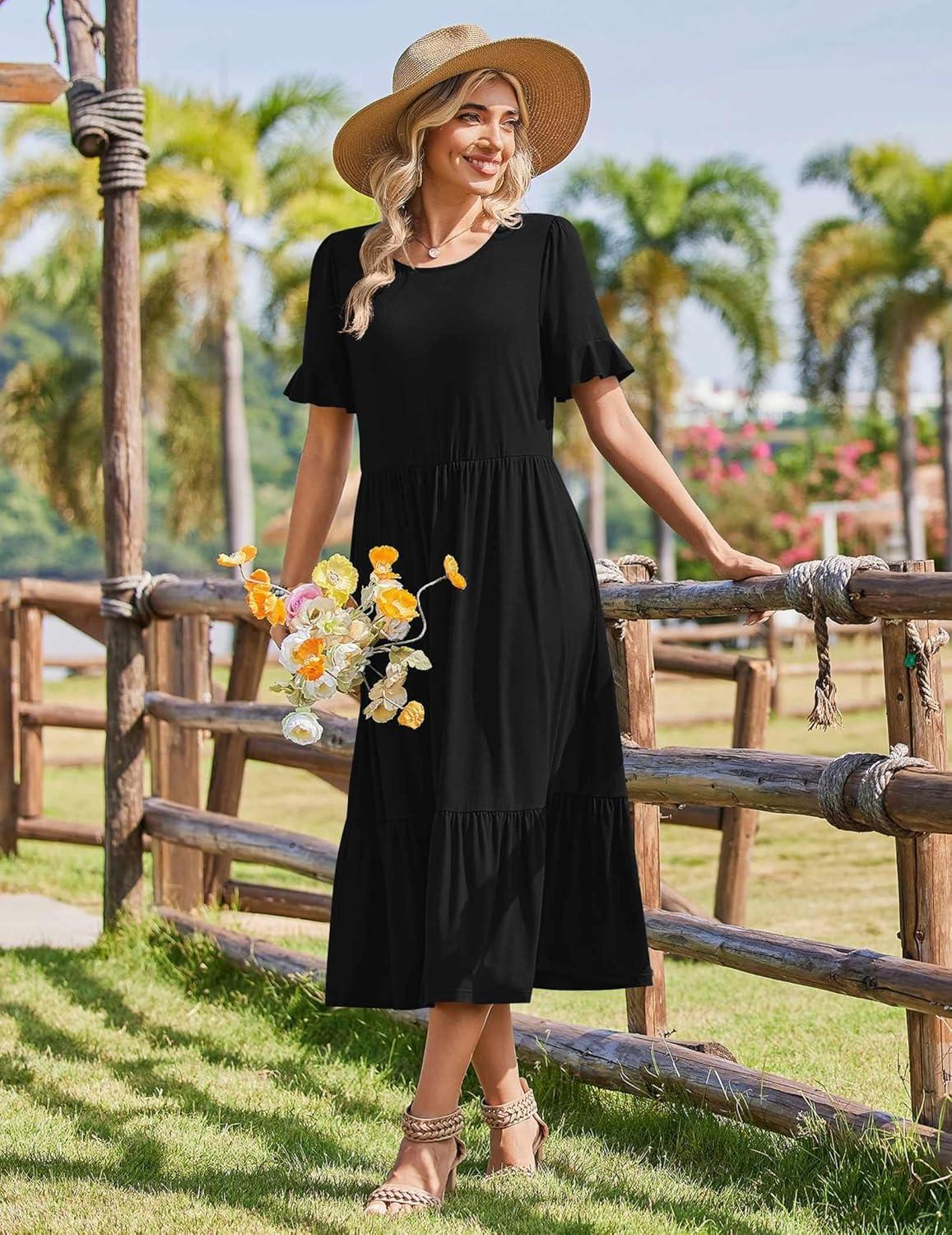 imageZeagoo Womens Summer Dresses 2026 Casual Midi Dress Flowy Sundress Ruffle Short Sleeve Tiered Dresses A Line Boho DressAblack