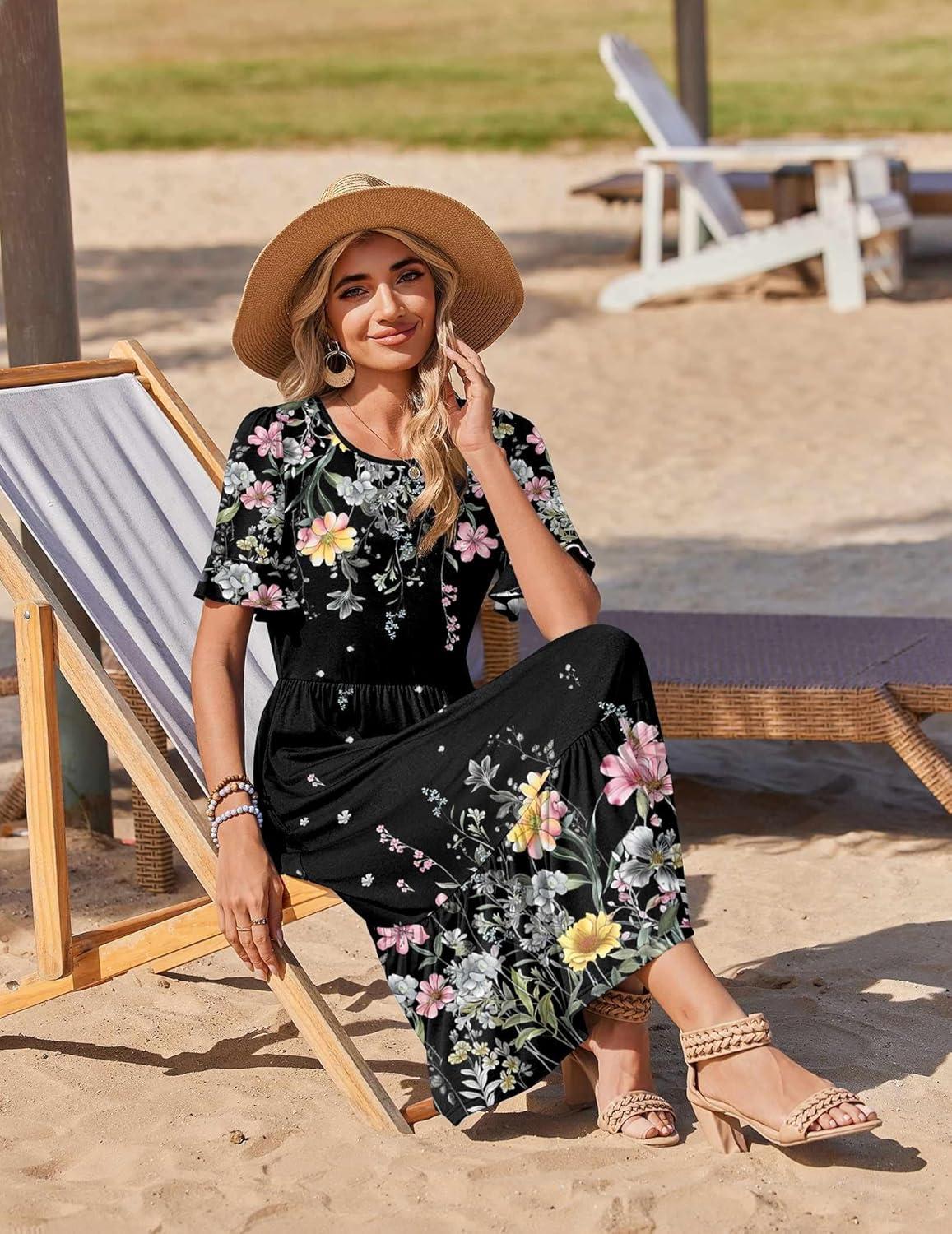 imageZeagoo Womens Summer Dresses 2026 Casual Midi Dress Flowy Sundress Ruffle Short Sleeve Tiered Dresses A Line Boho DressBlack Floral