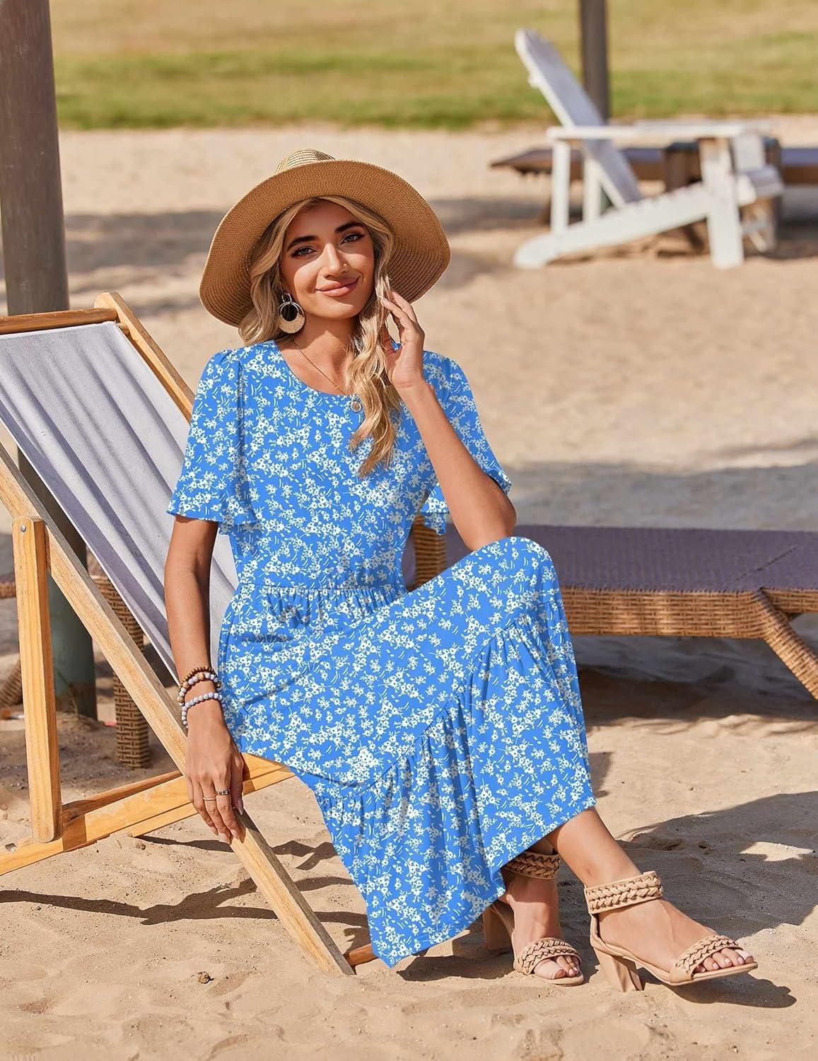 imageZeagoo Womens Summer Dresses 2026 Casual Midi Dress Flowy Sundress Ruffle Short Sleeve Tiered Dresses A Line Boho DressBlue Floral