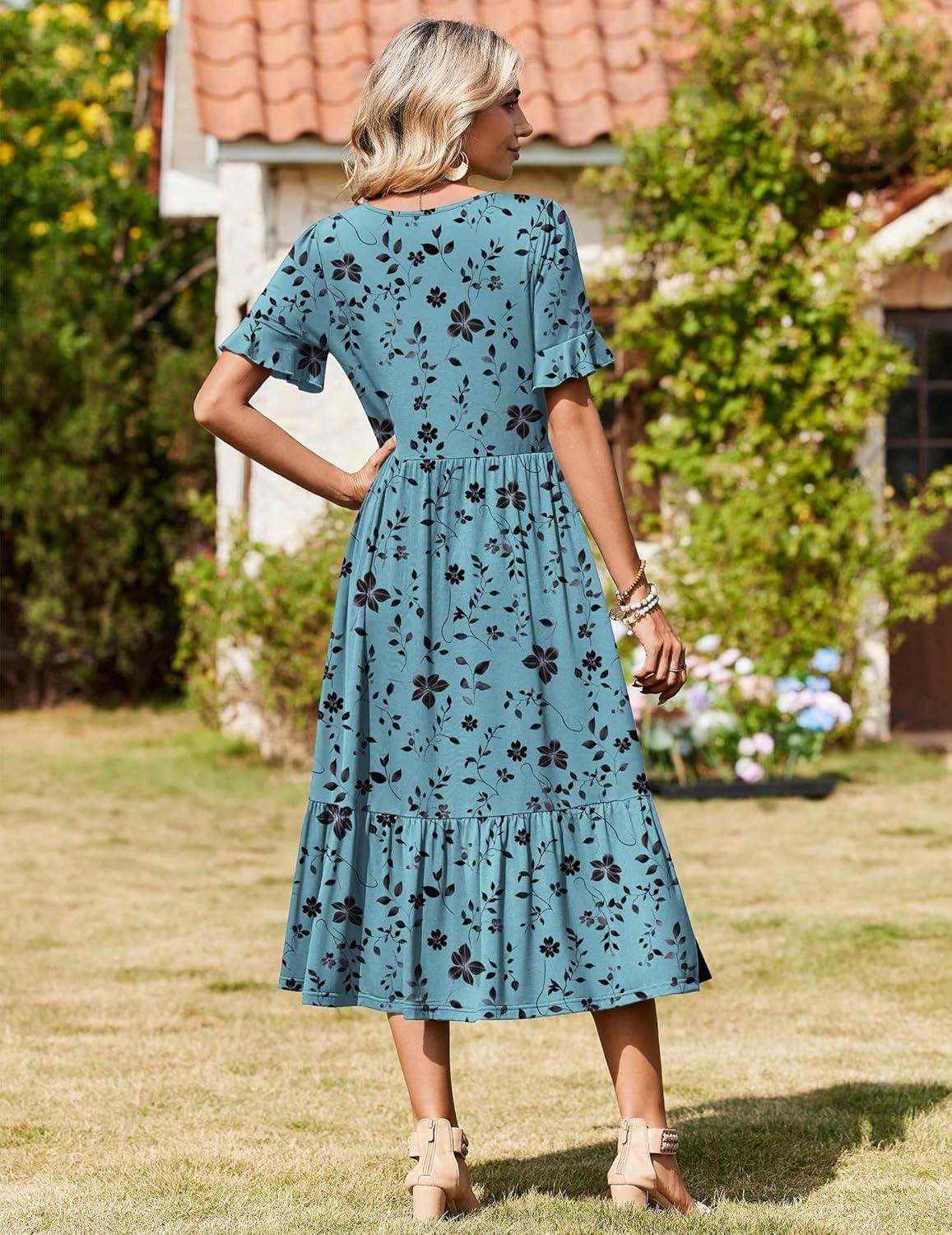 imageZeagoo Womens Summer Dresses 2026 Casual Midi Dress Flowy Sundress Ruffle Short Sleeve Tiered Dresses A Line Boho DressBlue Green Floral