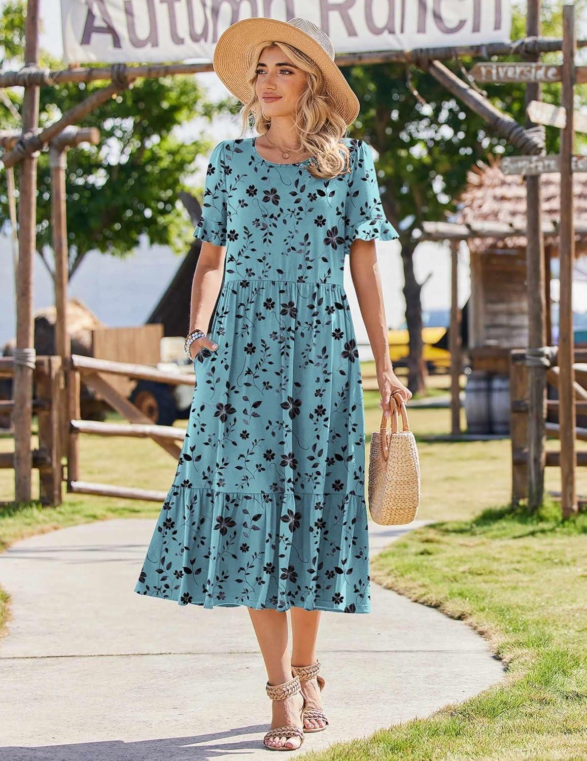 imageZeagoo Womens Summer Dresses 2026 Casual Midi Dress Flowy Sundress Ruffle Short Sleeve Tiered Dresses A Line Boho DressBlue Green Floral