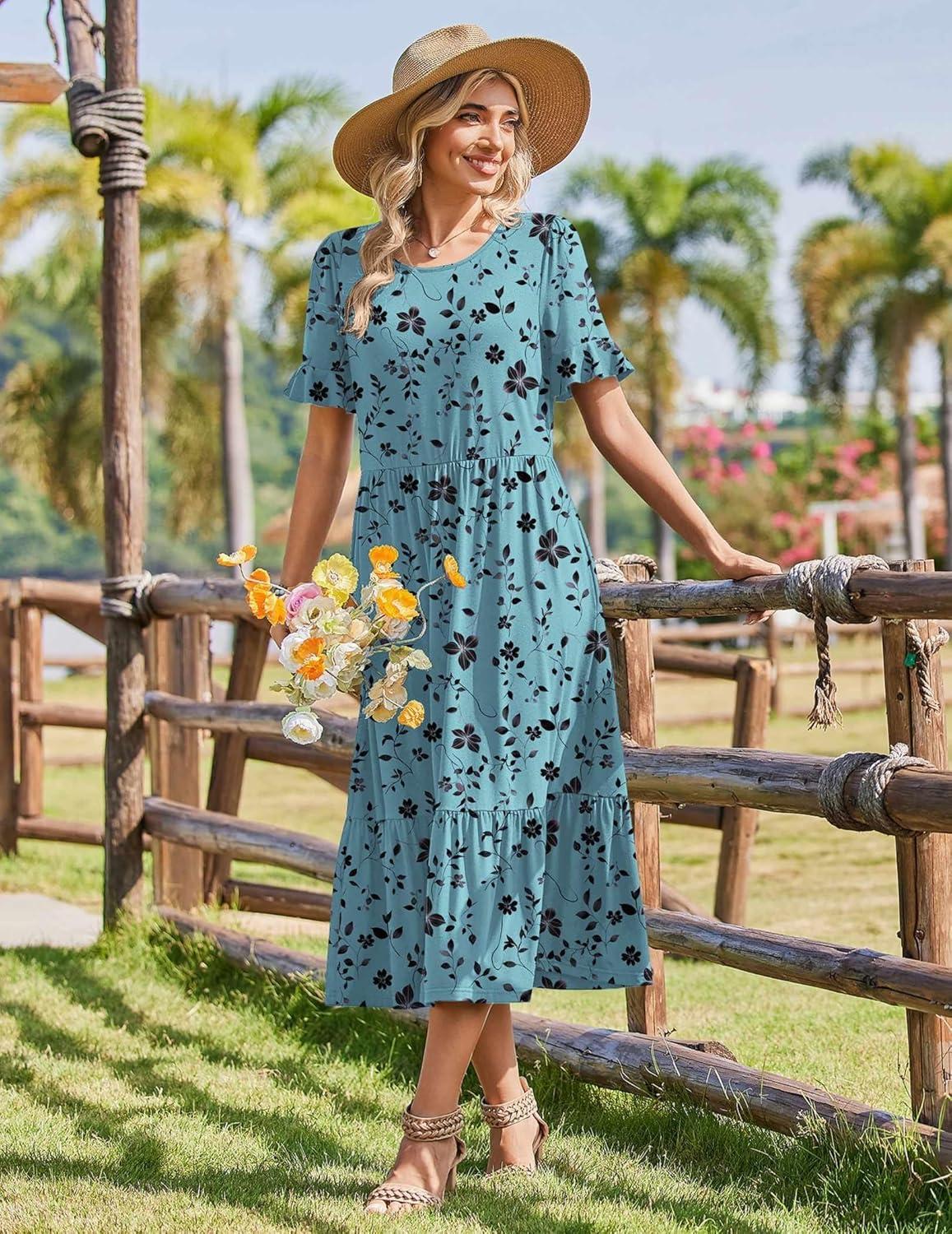 imageZeagoo Womens Summer Dresses 2026 Casual Midi Dress Flowy Sundress Ruffle Short Sleeve Tiered Dresses A Line Boho DressBlue Green Floral