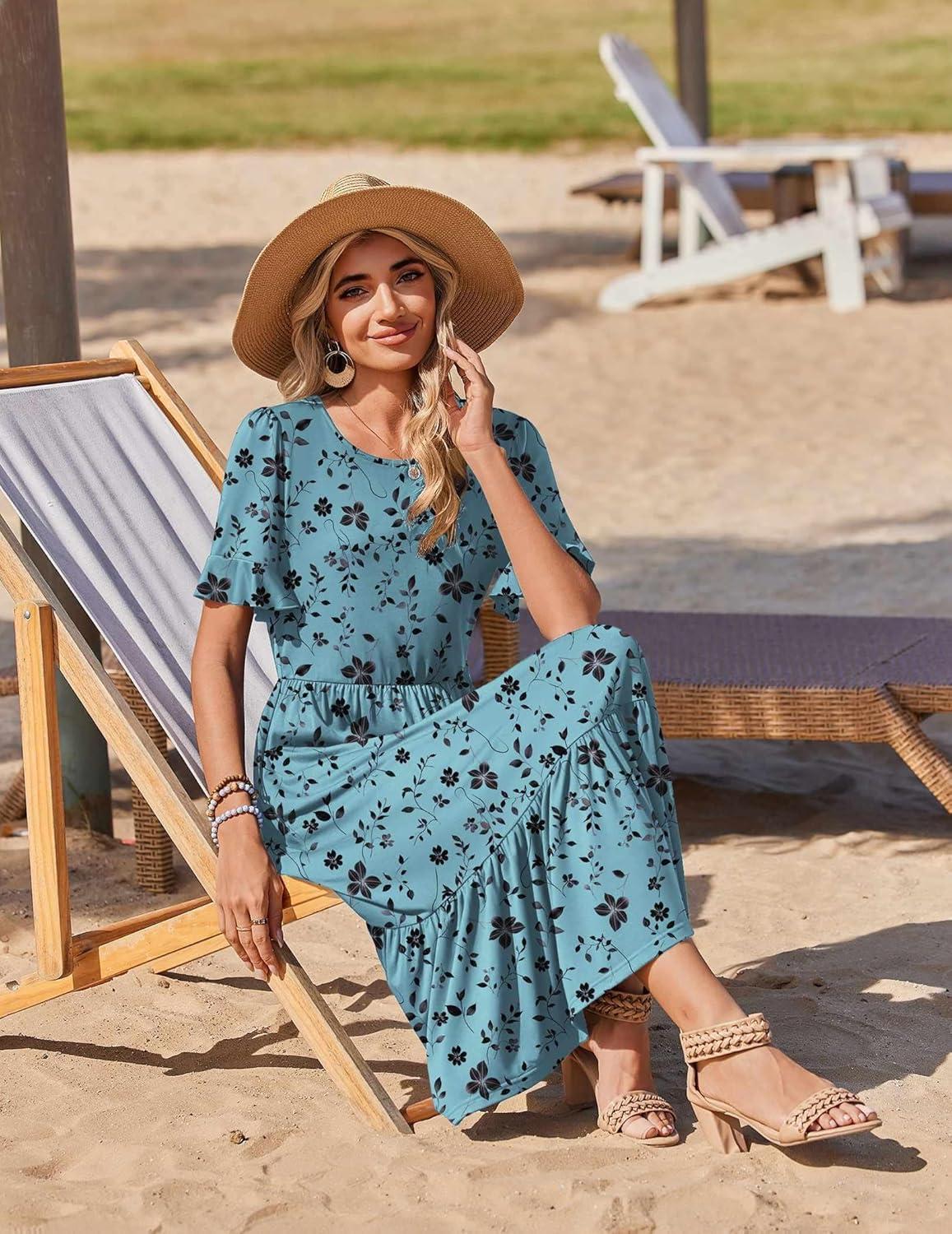 imageZeagoo Womens Summer Dresses 2026 Casual Midi Dress Flowy Sundress Ruffle Short Sleeve Tiered Dresses A Line Boho DressBlue Green Floral