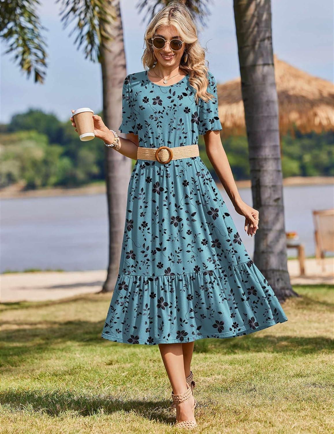 imageZeagoo Womens Summer Dresses 2026 Casual Midi Dress Flowy Sundress Ruffle Short Sleeve Tiered Dresses A Line Boho DressBlue Green Floral