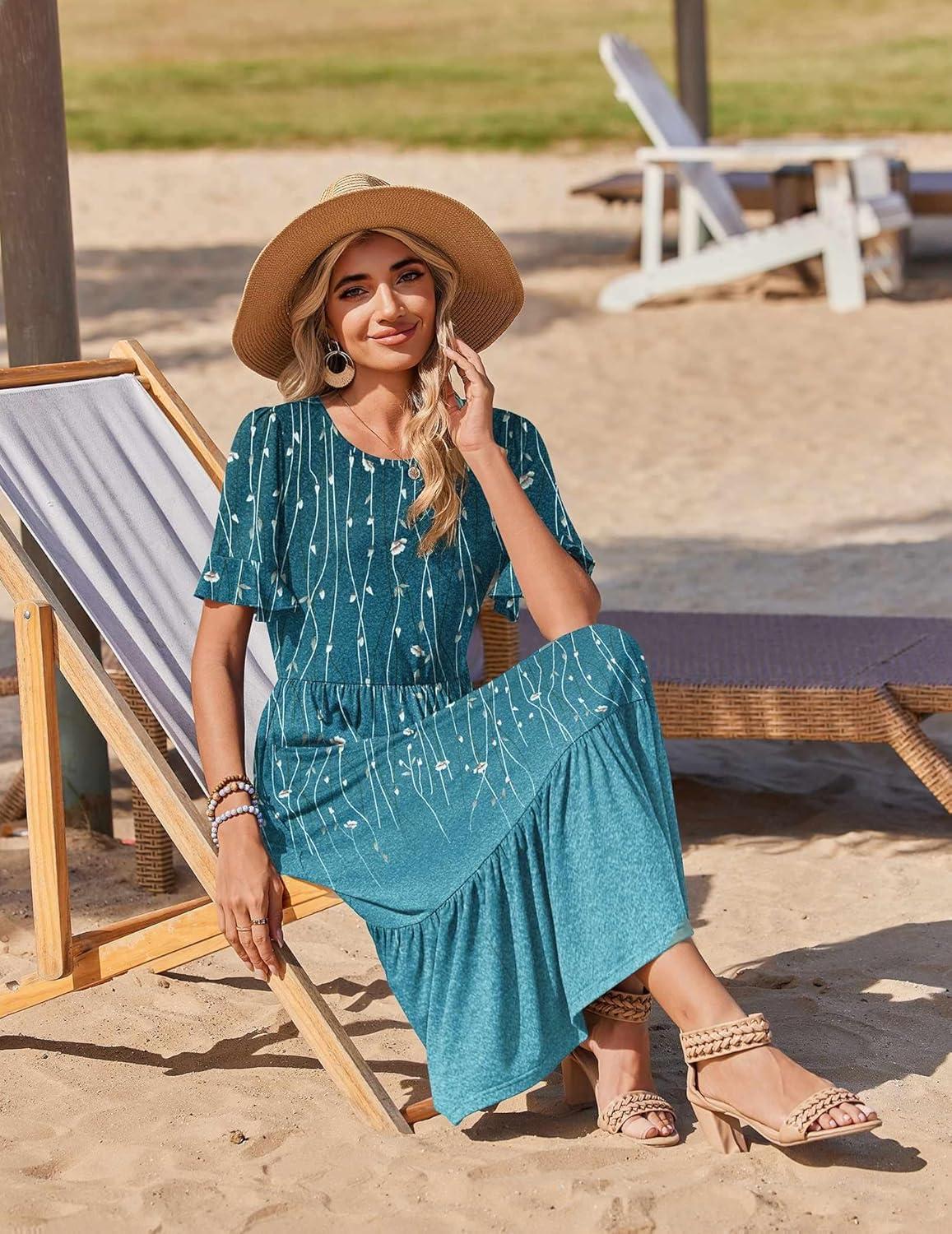 imageZeagoo Womens Summer Dresses 2026 Casual Midi Dress Flowy Sundress Ruffle Short Sleeve Tiered Dresses A Line Boho DressBlue Green Printed