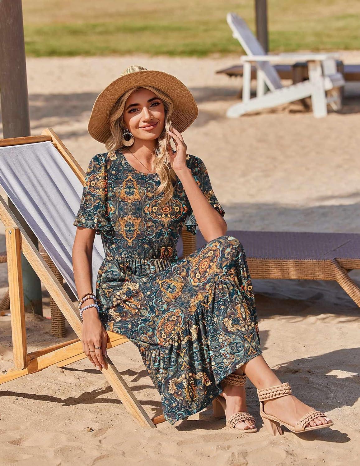 imageZeagoo Womens Summer Dresses 2026 Casual Midi Dress Flowy Sundress Ruffle Short Sleeve Tiered Dresses A Line Boho DressChic Printed 02