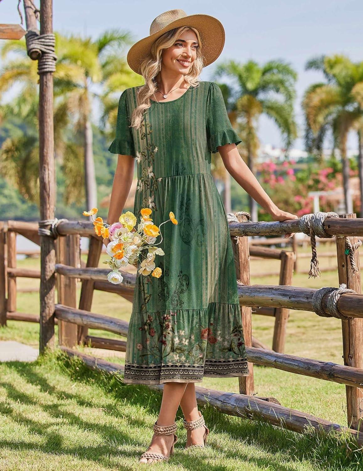 imageZeagoo Womens Summer Dresses 2026 Casual Midi Dress Flowy Sundress Ruffle Short Sleeve Tiered Dresses A Line Boho DressGreen Floral