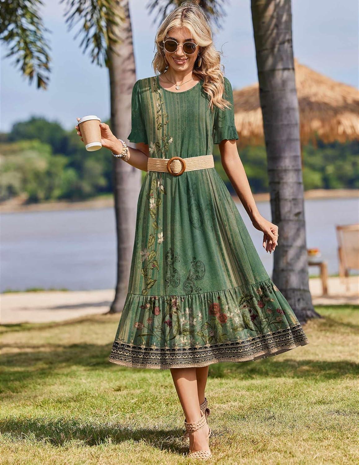 imageZeagoo Womens Summer Dresses 2026 Casual Midi Dress Flowy Sundress Ruffle Short Sleeve Tiered Dresses A Line Boho DressGreen Floral