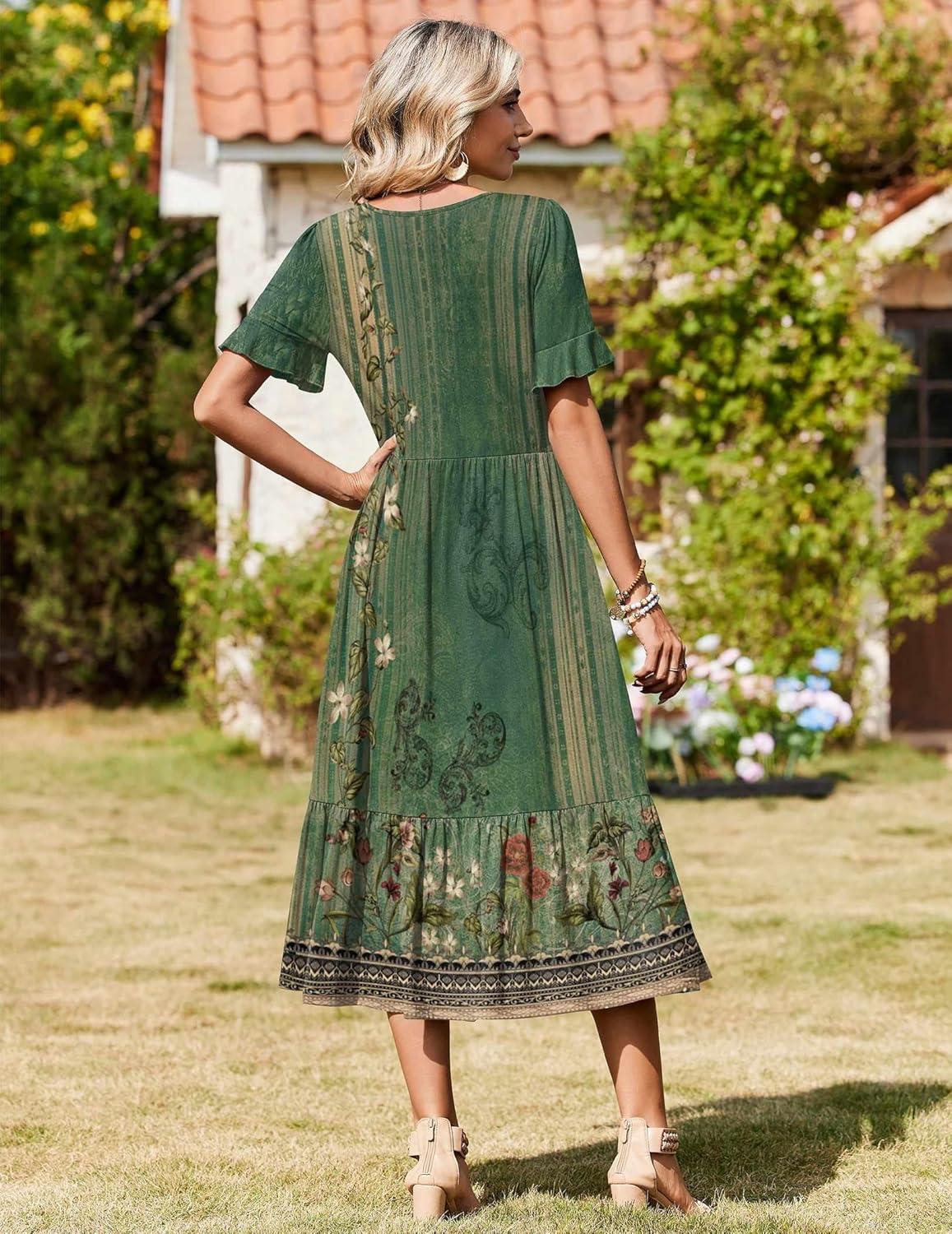 imageZeagoo Womens Summer Dresses 2026 Casual Midi Dress Flowy Sundress Ruffle Short Sleeve Tiered Dresses A Line Boho DressGreen Floral