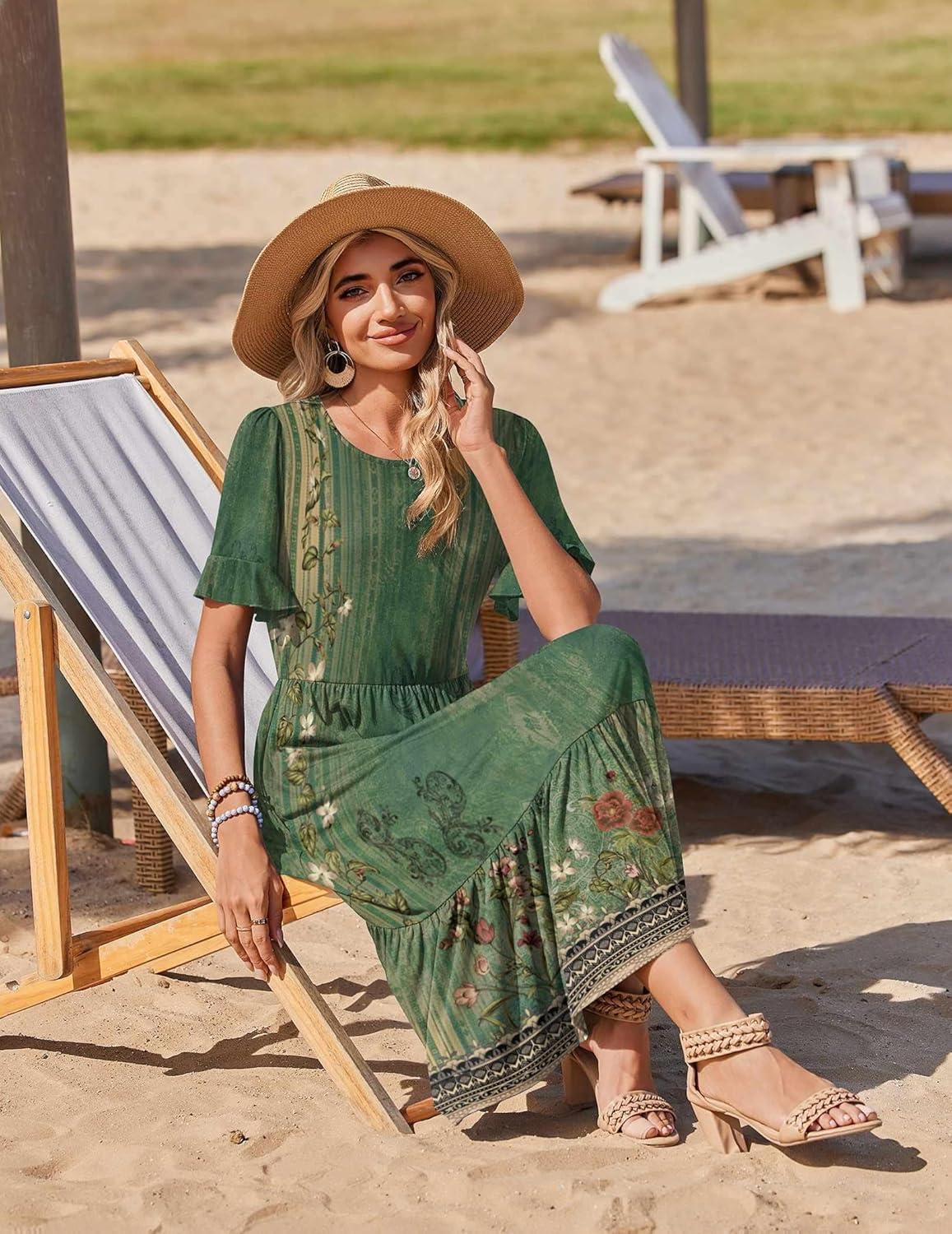 imageZeagoo Womens Summer Dresses 2026 Casual Midi Dress Flowy Sundress Ruffle Short Sleeve Tiered Dresses A Line Boho DressGreen Floral