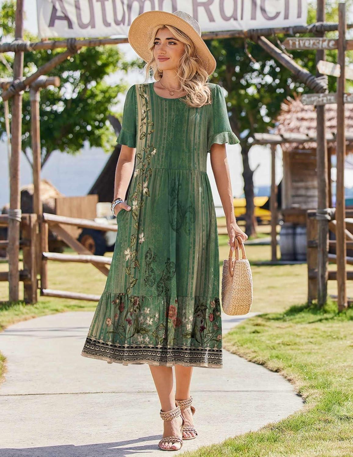 imageZeagoo Womens Summer Dresses 2026 Casual Midi Dress Flowy Sundress Ruffle Short Sleeve Tiered Dresses A Line Boho DressGreen Floral