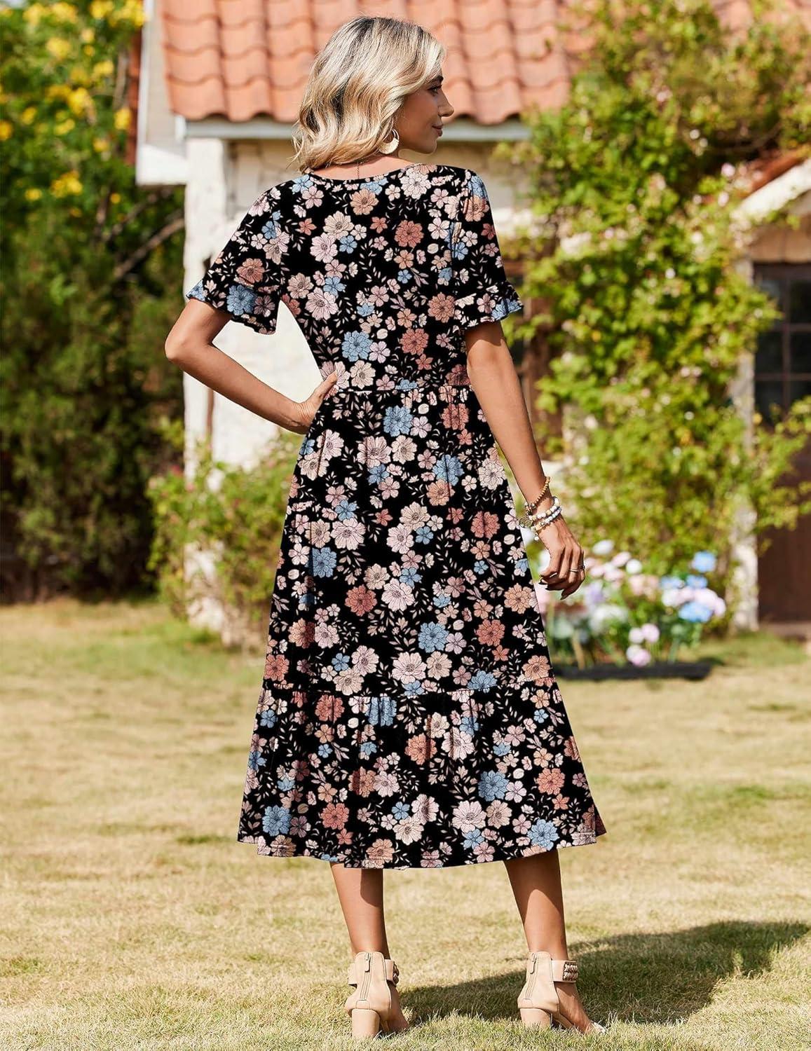 imageZeagoo Womens Summer Dresses 2026 Casual Midi Dress Flowy Sundress Ruffle Short Sleeve Tiered Dresses A Line Boho DressMixed Flower