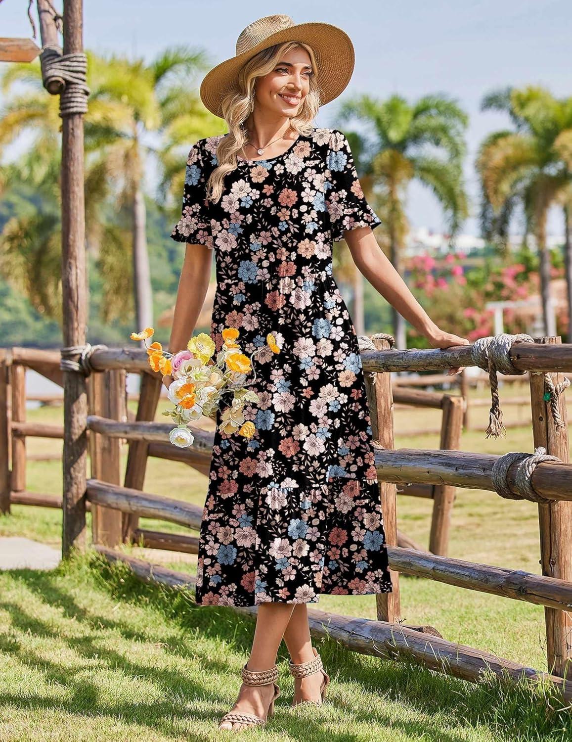 imageZeagoo Womens Summer Dresses 2026 Casual Midi Dress Flowy Sundress Ruffle Short Sleeve Tiered Dresses A Line Boho DressMixed Flower