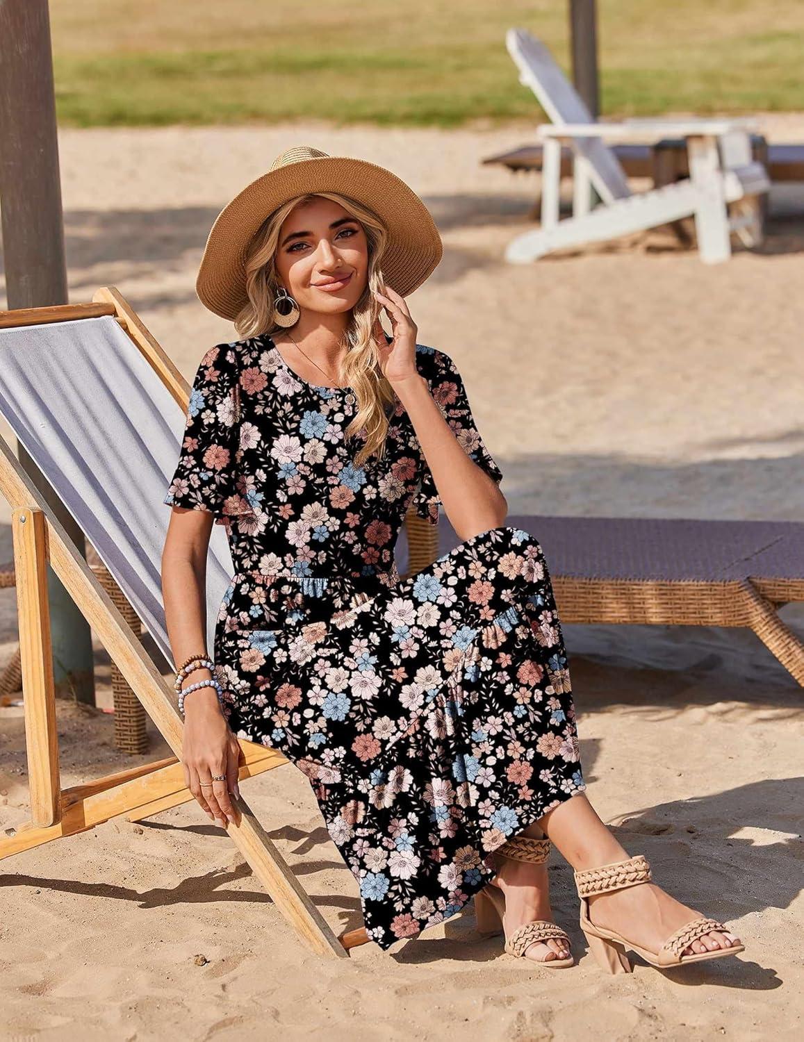 imageZeagoo Womens Summer Dresses 2026 Casual Midi Dress Flowy Sundress Ruffle Short Sleeve Tiered Dresses A Line Boho DressMixed Flower