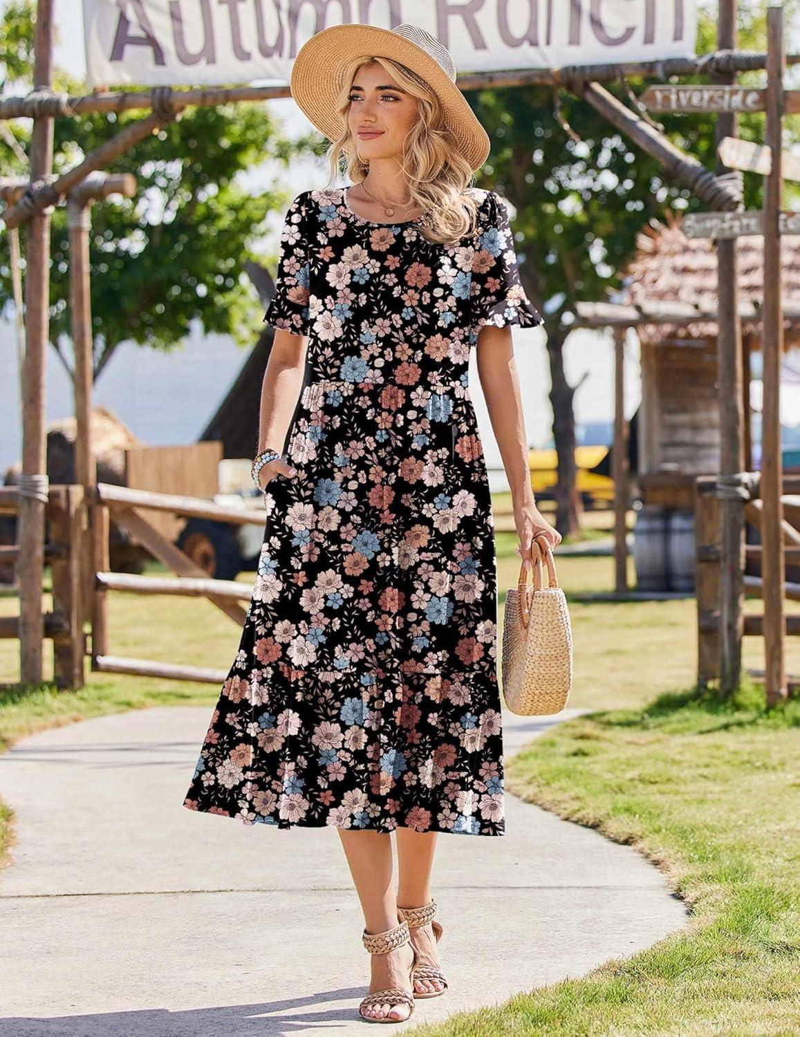 imageZeagoo Womens Summer Dresses 2026 Casual Midi Dress Flowy Sundress Ruffle Short Sleeve Tiered Dresses A Line Boho DressMixed Flower