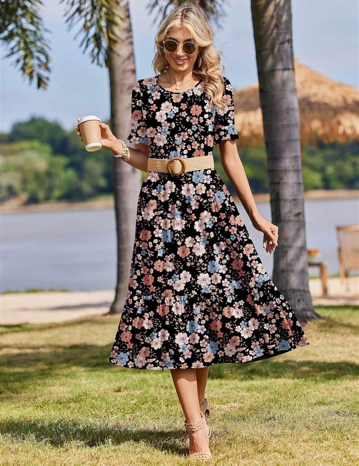 imageZeagoo Womens Summer Dresses 2026 Casual Midi Dress Flowy Sundress Ruffle Short Sleeve Tiered Dresses A Line Boho DressMixed Flower