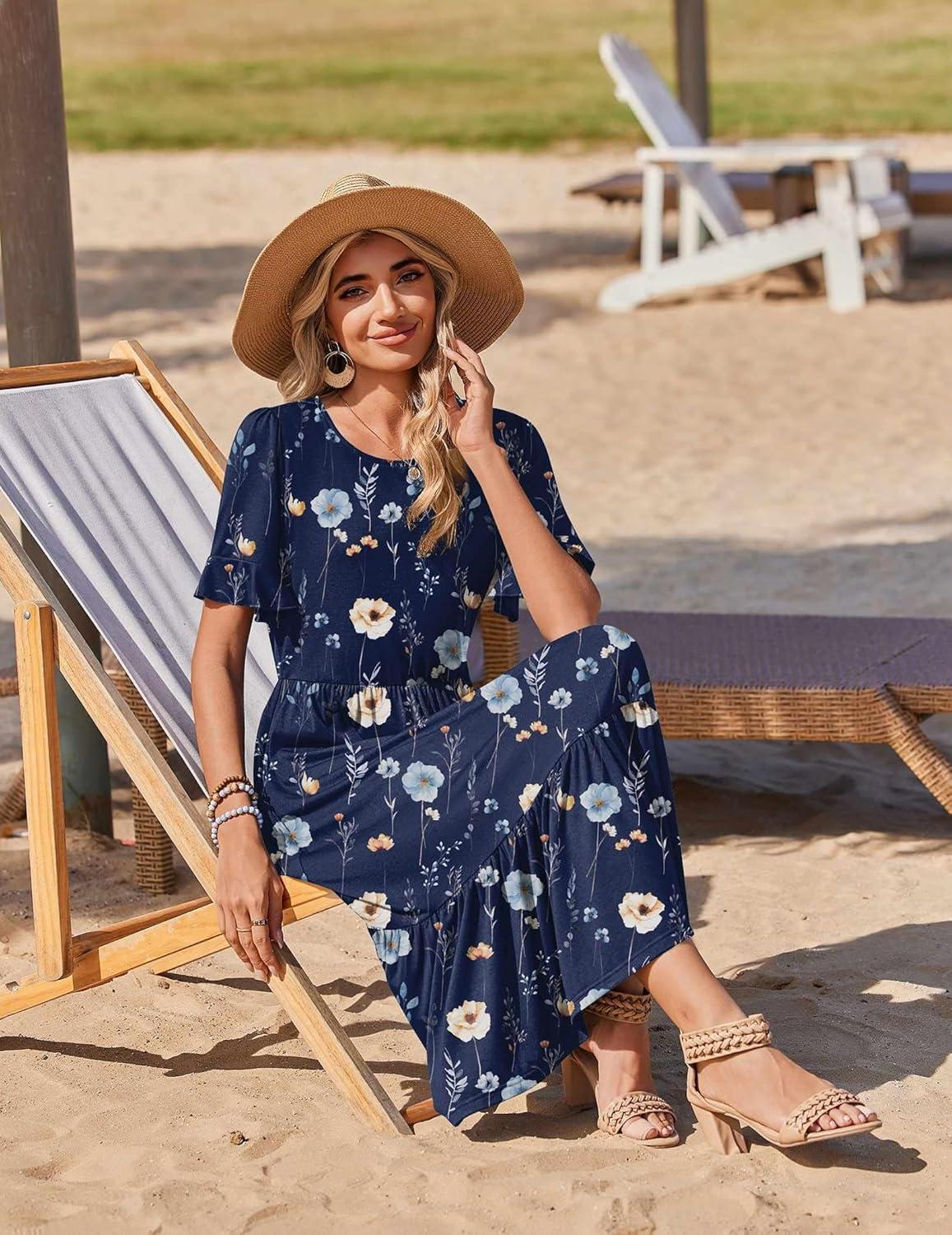 imageZeagoo Womens Summer Dresses 2026 Casual Midi Dress Flowy Sundress Ruffle Short Sleeve Tiered Dresses A Line Boho DressNavy Floral 01